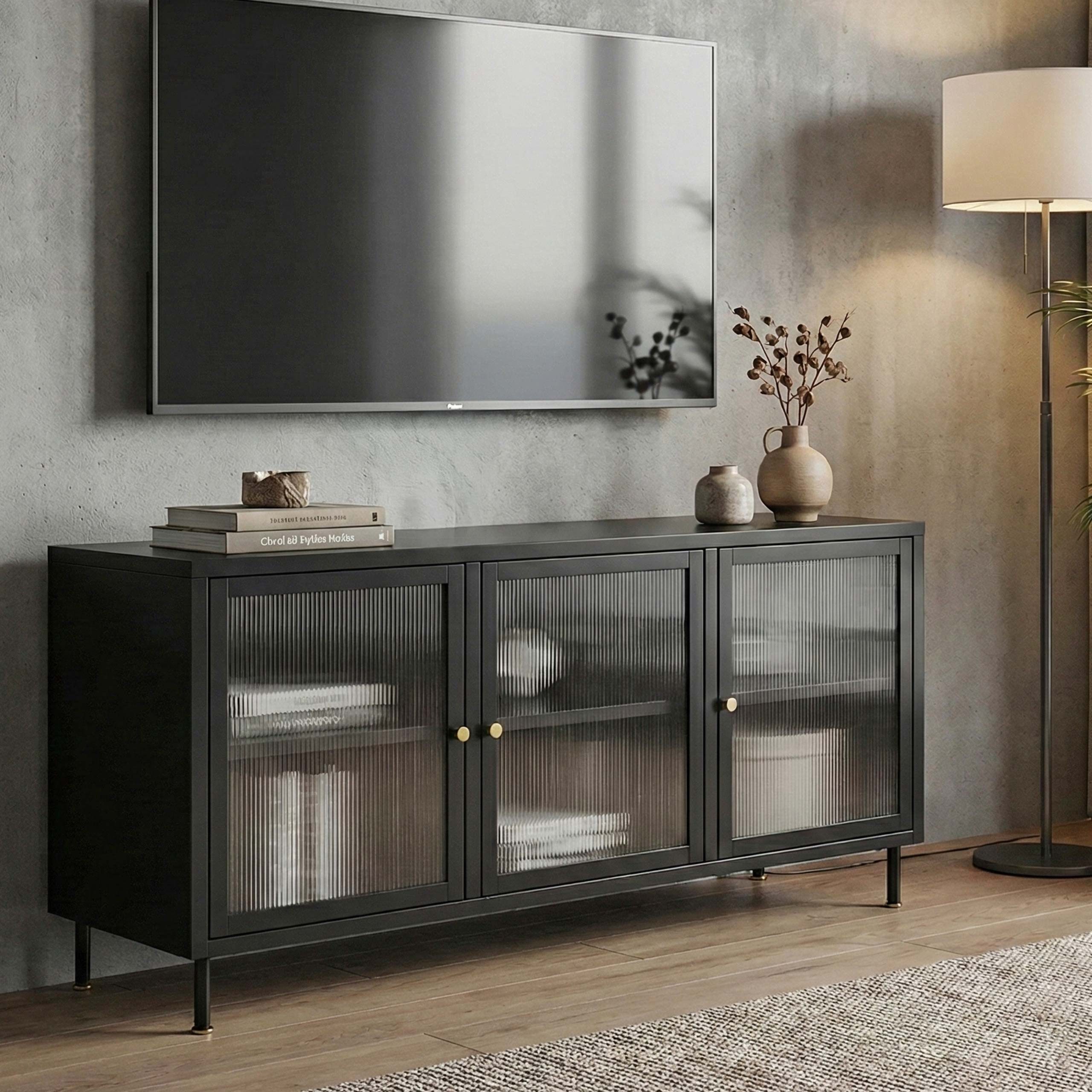 MCW TV-Rack MCW-O87-TV, Halbtransparente Schilfglastüren für moderne Optik