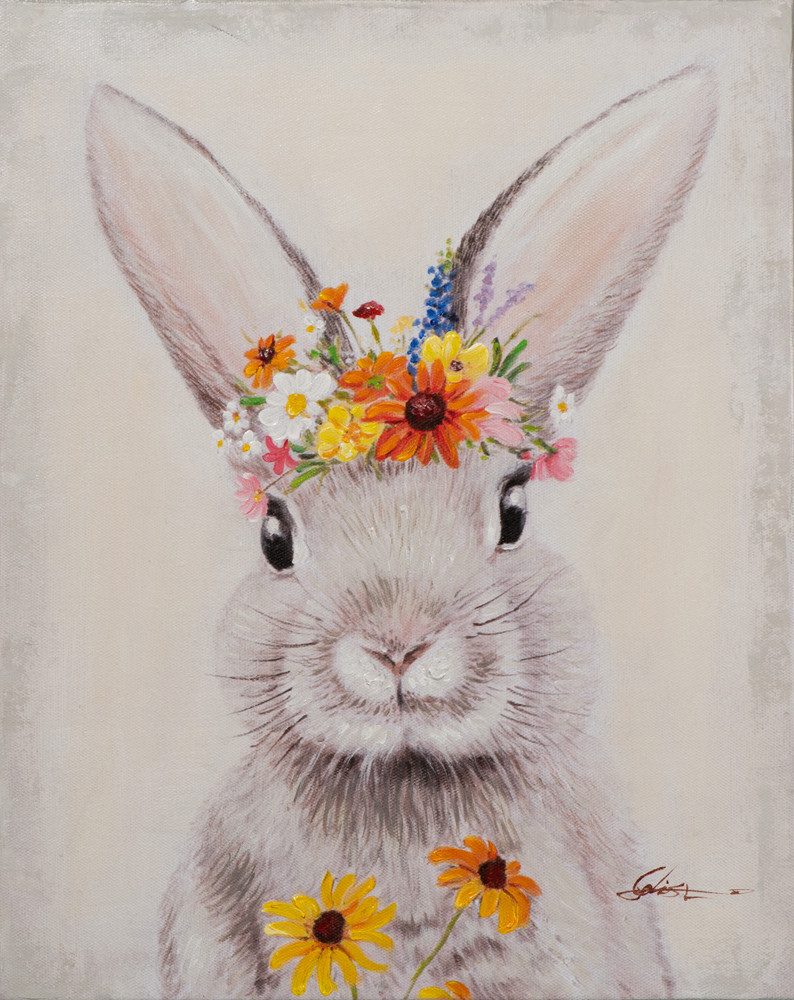 ArtUniverse Gemälde Hase "Häschen" mit Blumen 40x50 cm, Tiermotiv