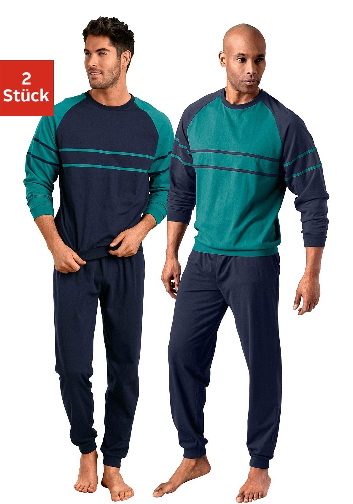 le jogger® Pyjama Schlafanzug für Herren im Doppelpack (Packung, 4 tlg., 2 Stück) in langer Form mit aufgesetzten Streifen