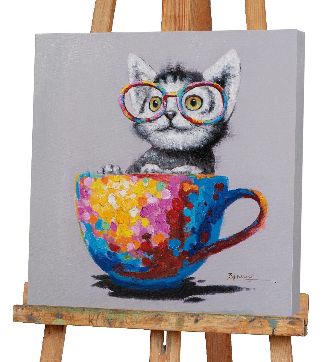 ArtUniverse Gemälde Katze in bunter Tasse 60x60 cm, Tiermotiv