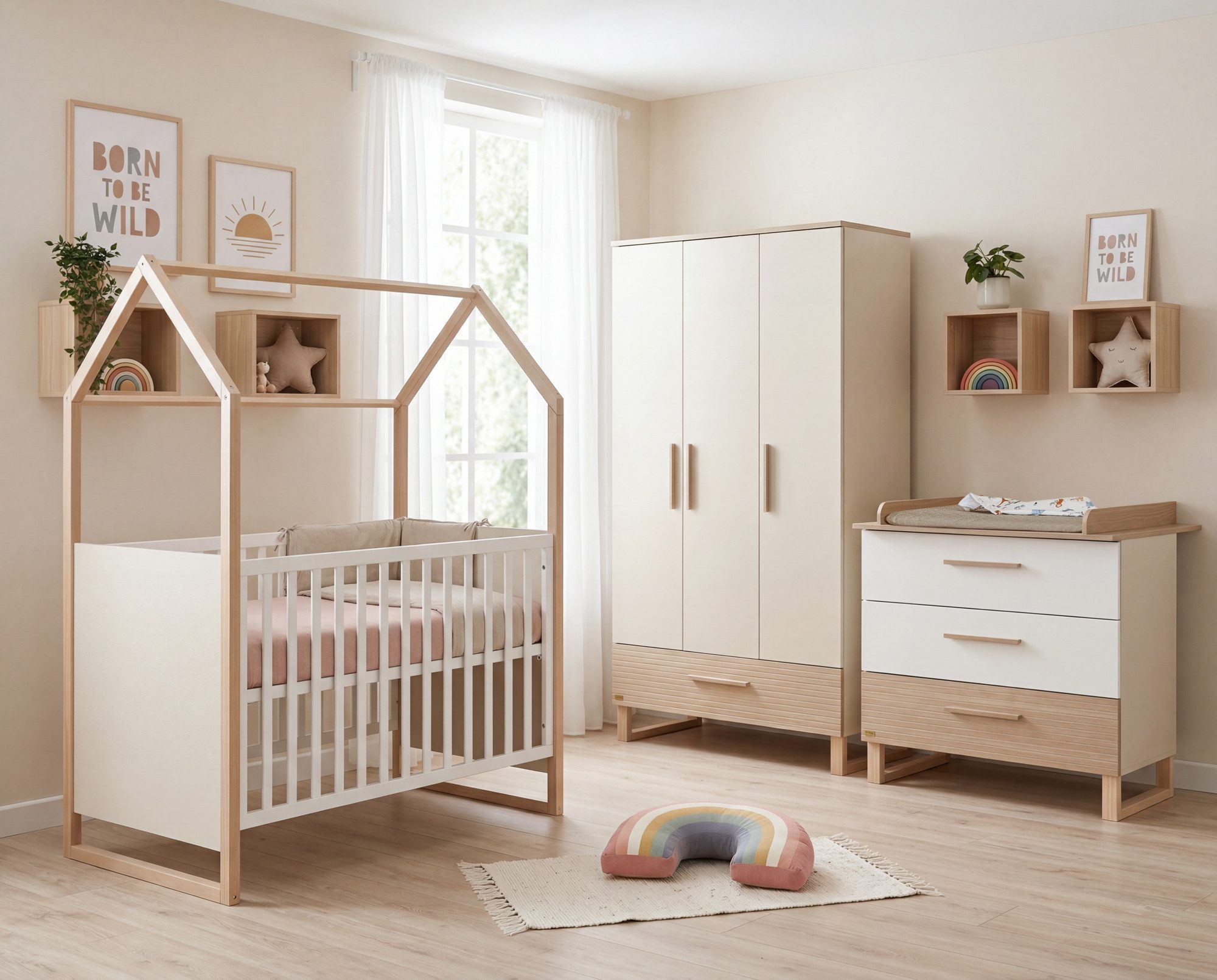 roba® Babyzimmer-Komplettset Noah - Kinderzimmer in modernem Design mit Füßen aus Massivholz, (3-teiliges Set, Babybett in Hausoptik, Wickelkommode & Kleiderschrank), Mit Fräsungen in Wallnuss - Front in sanftem Weiß - Mitwachsend