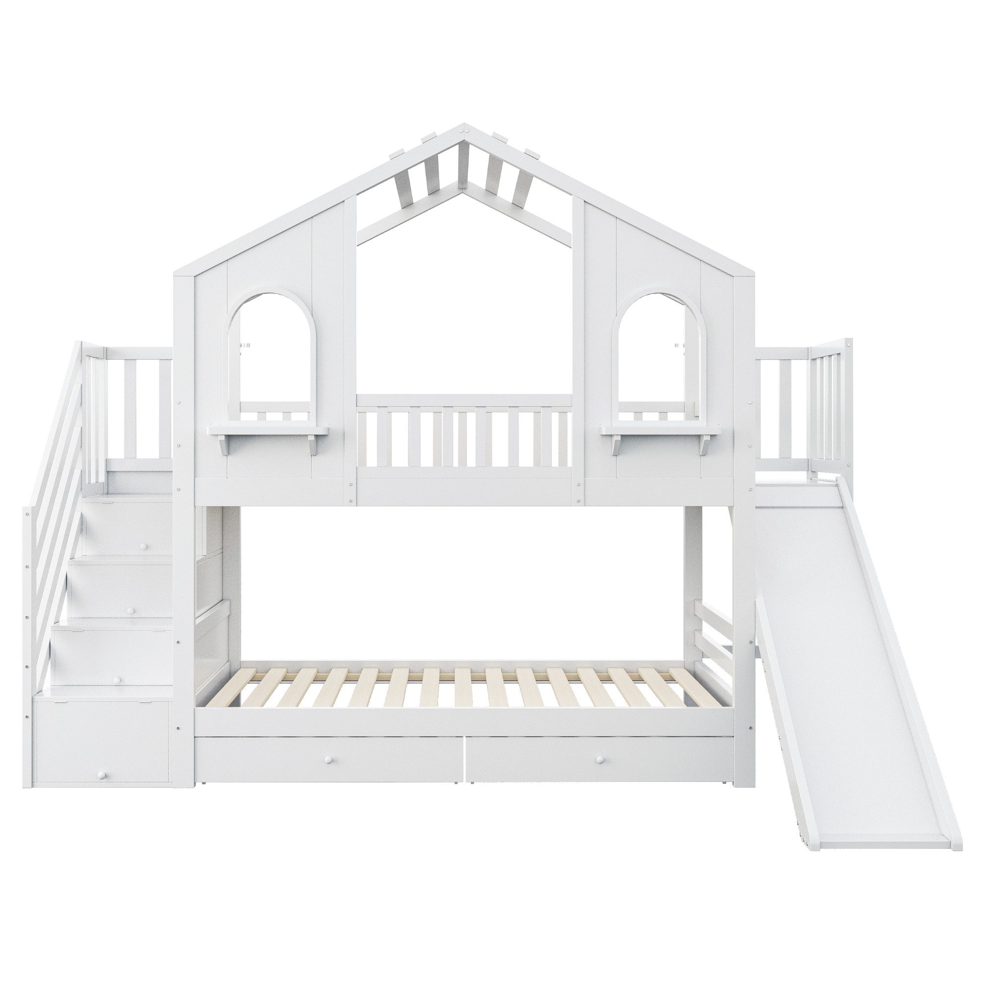 Flieks Etagenbett, Kinderbett Hausbett 90x200cm mit Stauraumtreppe, Rutsche, 2 Schubladen