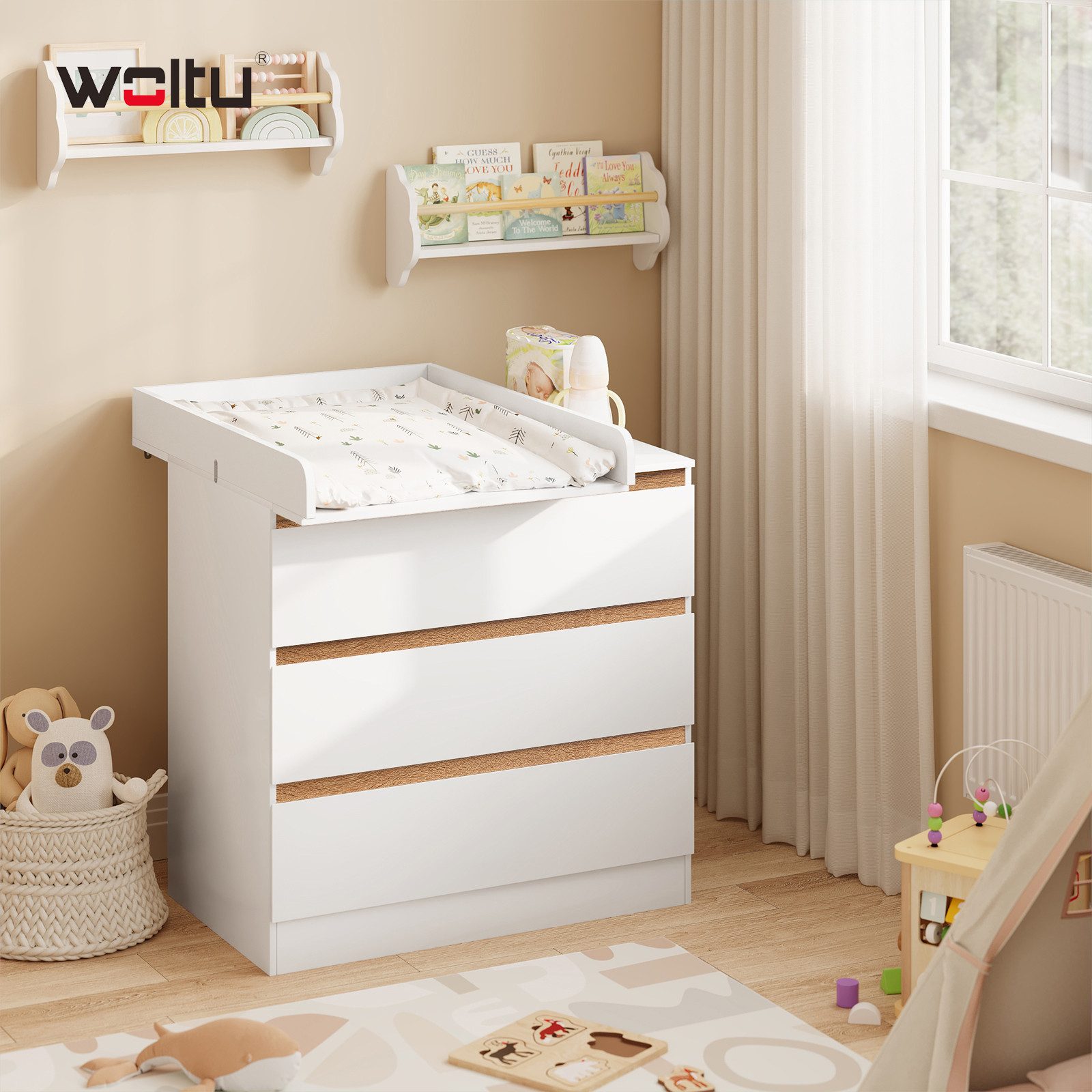 Woltu Wickelaufsatz, Wickelauflage 60x10,5x80 cm, aus MDF, Babymöbel, Weiß