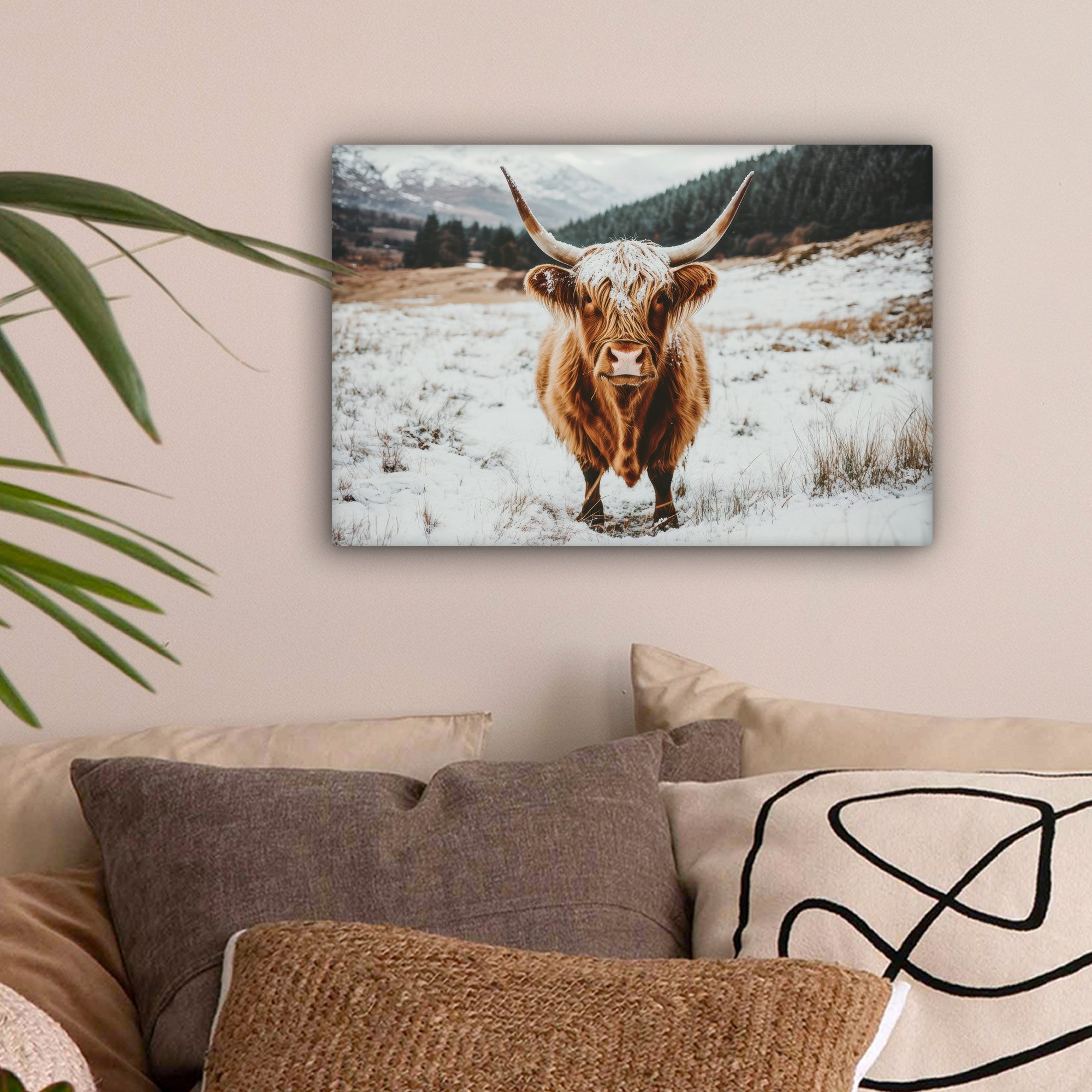 OneMillionCanvasses® Leinwandbild Schottische Highlander - Landschaft - Schnee - Berge - Winter, Fotodruck (1 St), Leinwand Bilder Klein, Wand Dekoration Aesthetic 30x20 cm