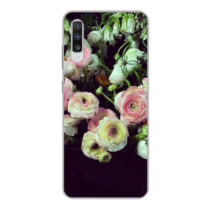 MuchoWow Handyhülle Pastellfarbene Blumen auf schwarzem Hintergrund Phone Case Handyhülle Samsung Galaxy A70 Silikon Schutzhülle