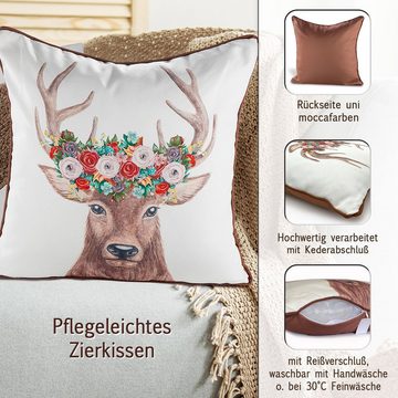 Casamia Zierkissen Sofakissen Dekokissen 45x45cm Hirschkopf Stoff creme braun