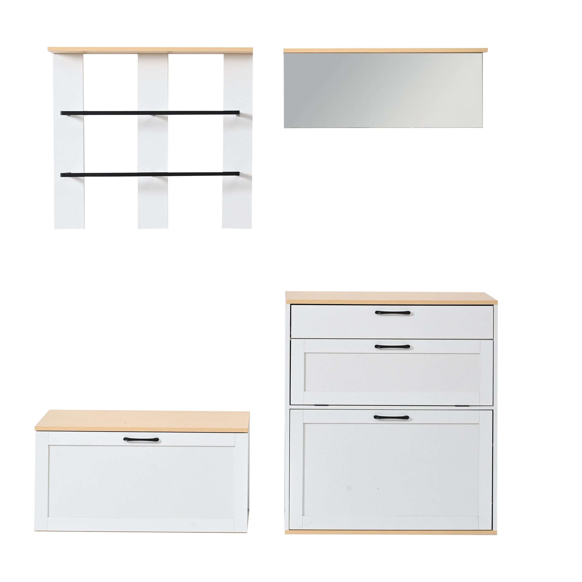 KLAM HOME Garderoben-Set Modulares Garderoben-Set Weiß-Holz mit Spiegel und Schuhbank, (Flurgarderobe 156cm frei kombinierbar mit verstellbarem Schuhschrank), Multifunktionaler Eingangsschrank aus MDF mit viel Stauraum