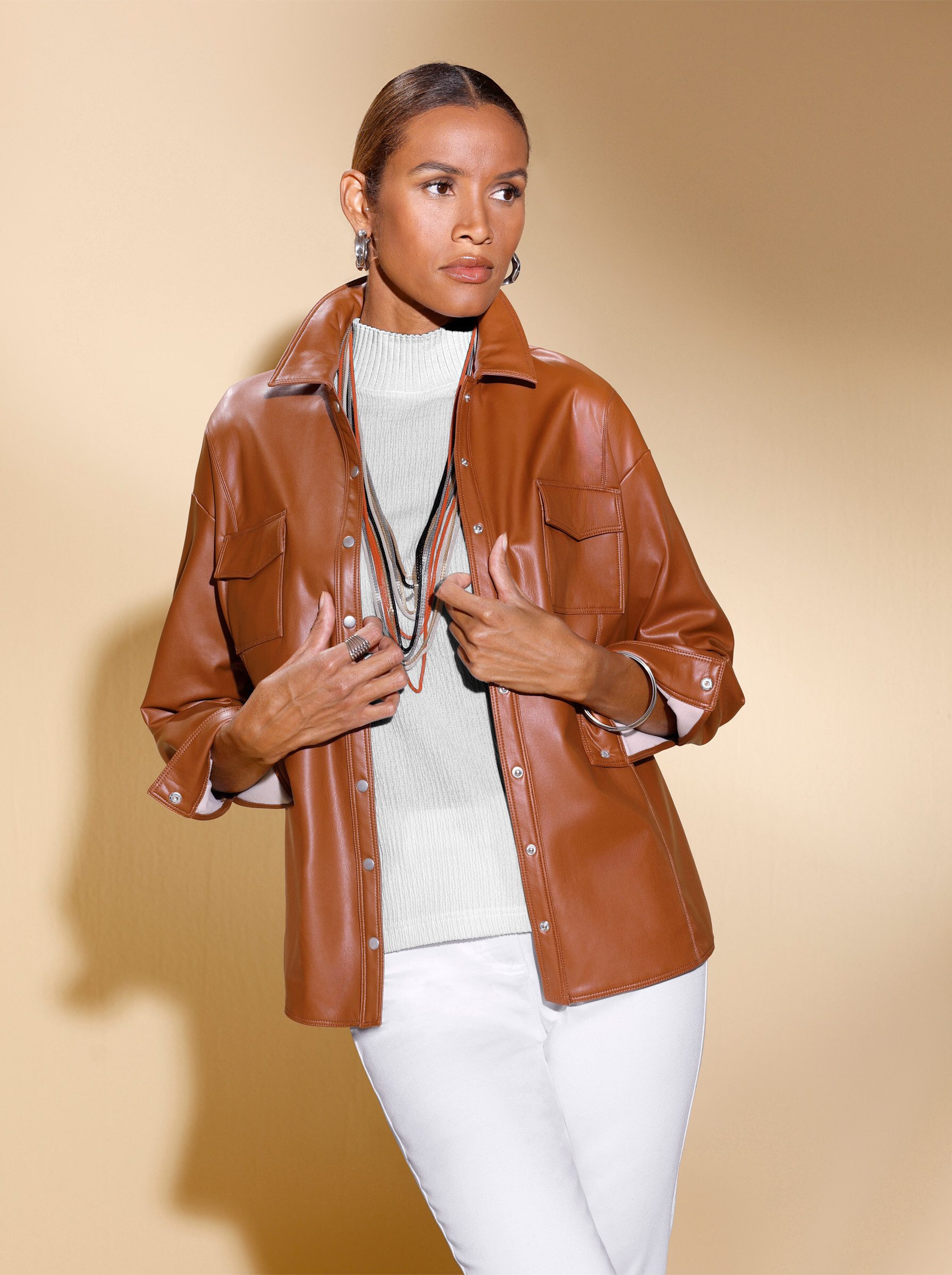 creation L Blusenblazer Lederimitat-Blusenjacke Langarm