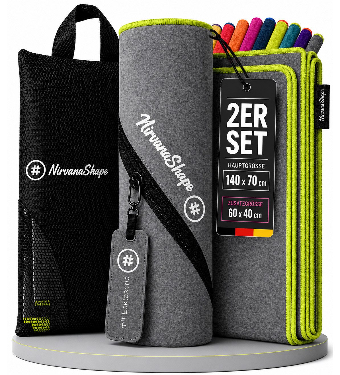 NirvanaShape Reisehandtuch Mikrofaser Handtücher [2er SET] Badehandtuch Reisehandtuch Strandtuch, Ecktasche mit Reißverschluss, saugfähig, leicht, schnelltrocknend
