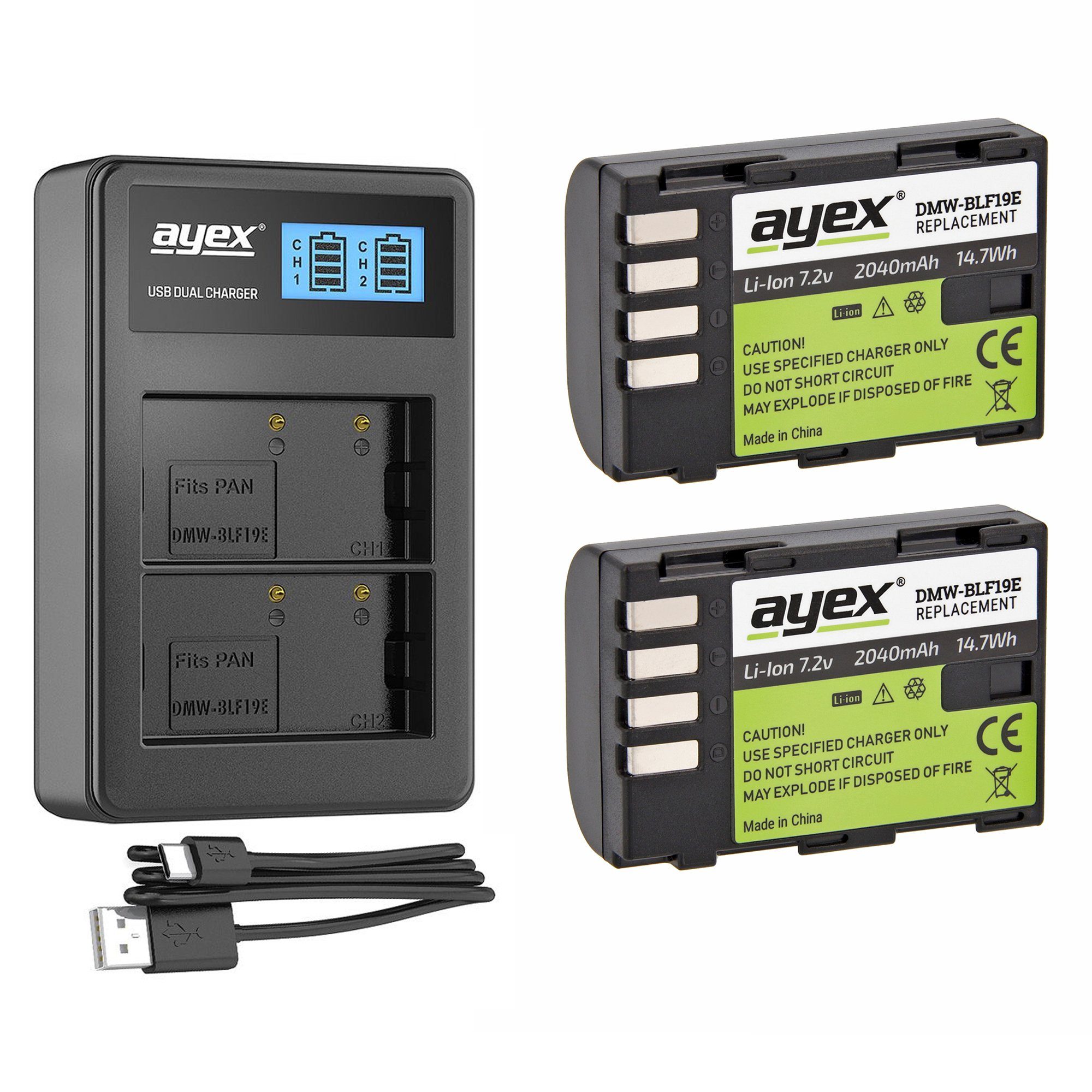 Dual- USB DMW-BLF19E ayex Panasonic Kamera-Akku für ayex Ladegerät + 2x 1x Akku