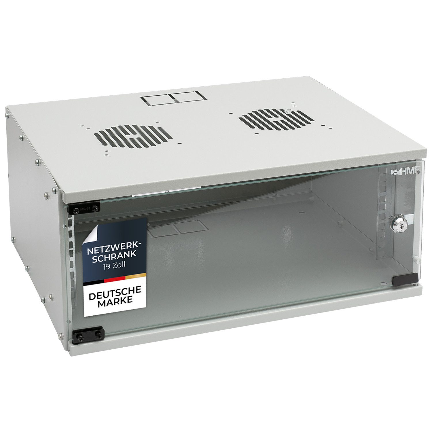 HMF Serverschrank Netzwerkschrank, Serverschrank 19 Zoll, 4 HE, 400 mm Tiefe, Glastür, Lichtgrau