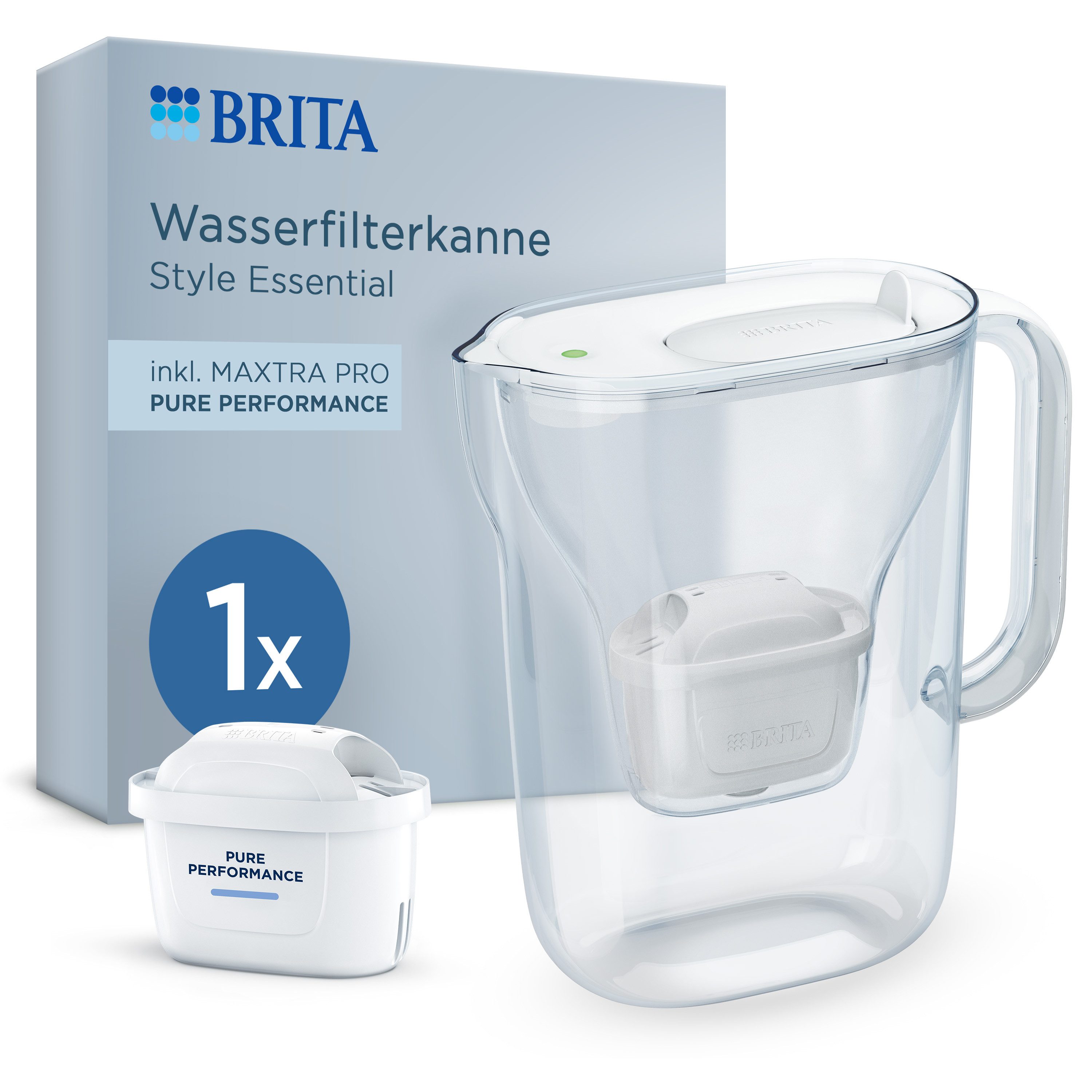 BRITA Wasserfilter Kanne Style Essential inkl. 1x BRITA MAXTRA PRO Pure Performance, Filterkanne mit Filterwechselanzeige, reduziert Verunreinigungen