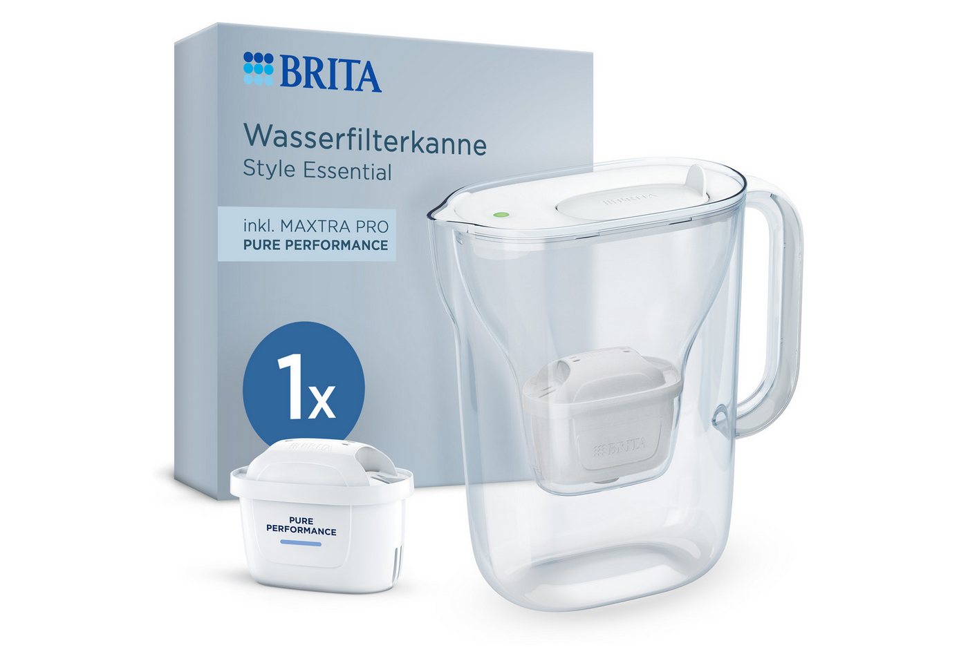 BRITA Wasserfilter Kanne Style Essential inkl. 1x BRITA MAXTRA PRO Pure Performance, Filterkanne mit Filterwechselanzeige, reduziert Verunreinigungen