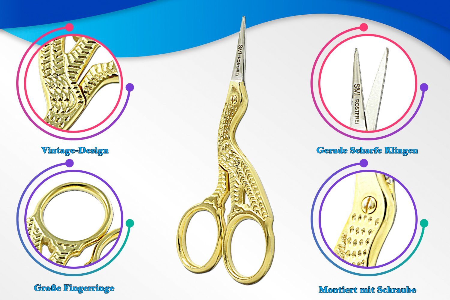 SMI Papierscheren Storch Schere Stickschere Nähschere Handarbeitsschere + Etui, (1-tlg)