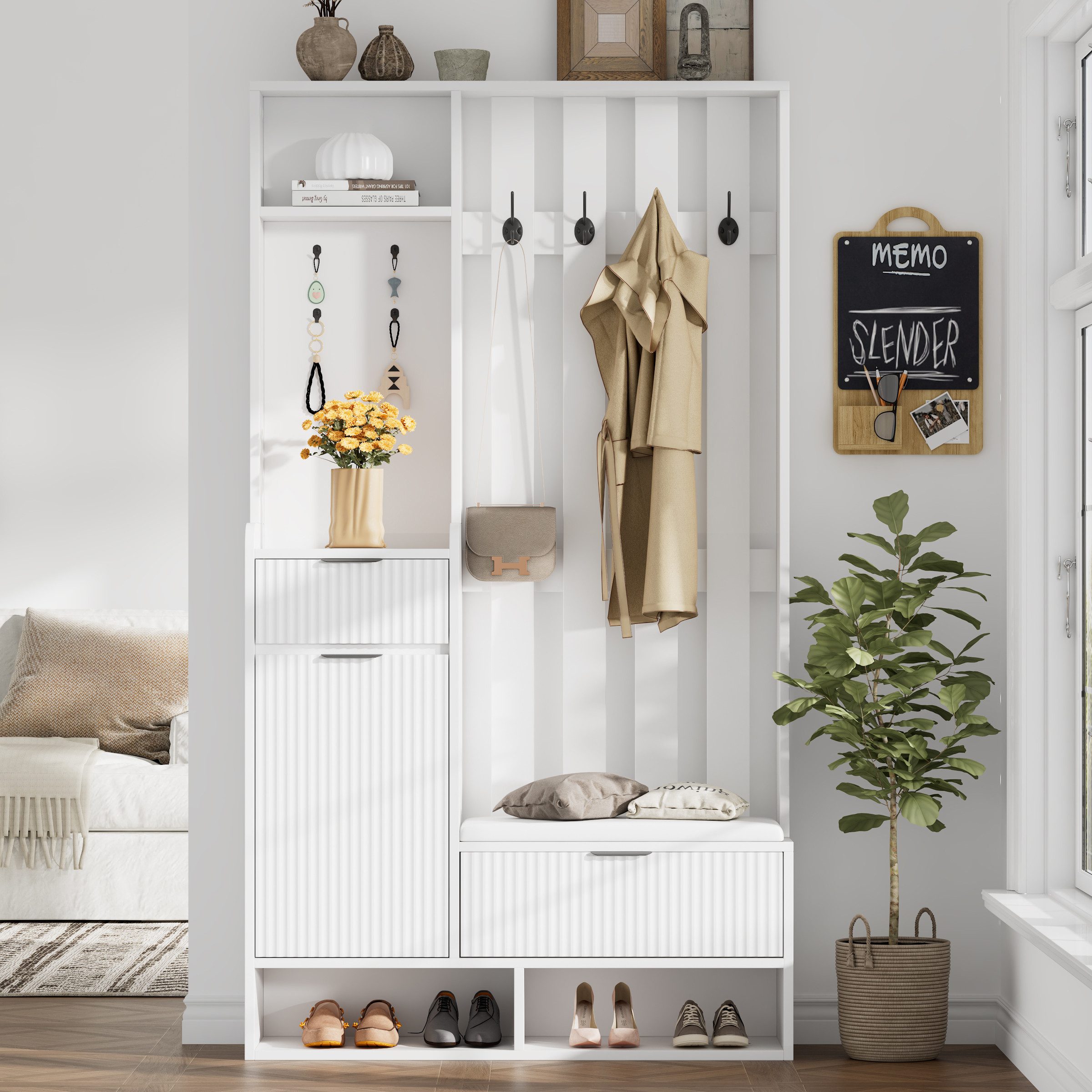IDEASY Garderobenständer Garderobenständer 100cm 6-in-1 weiß mit Schuhbank