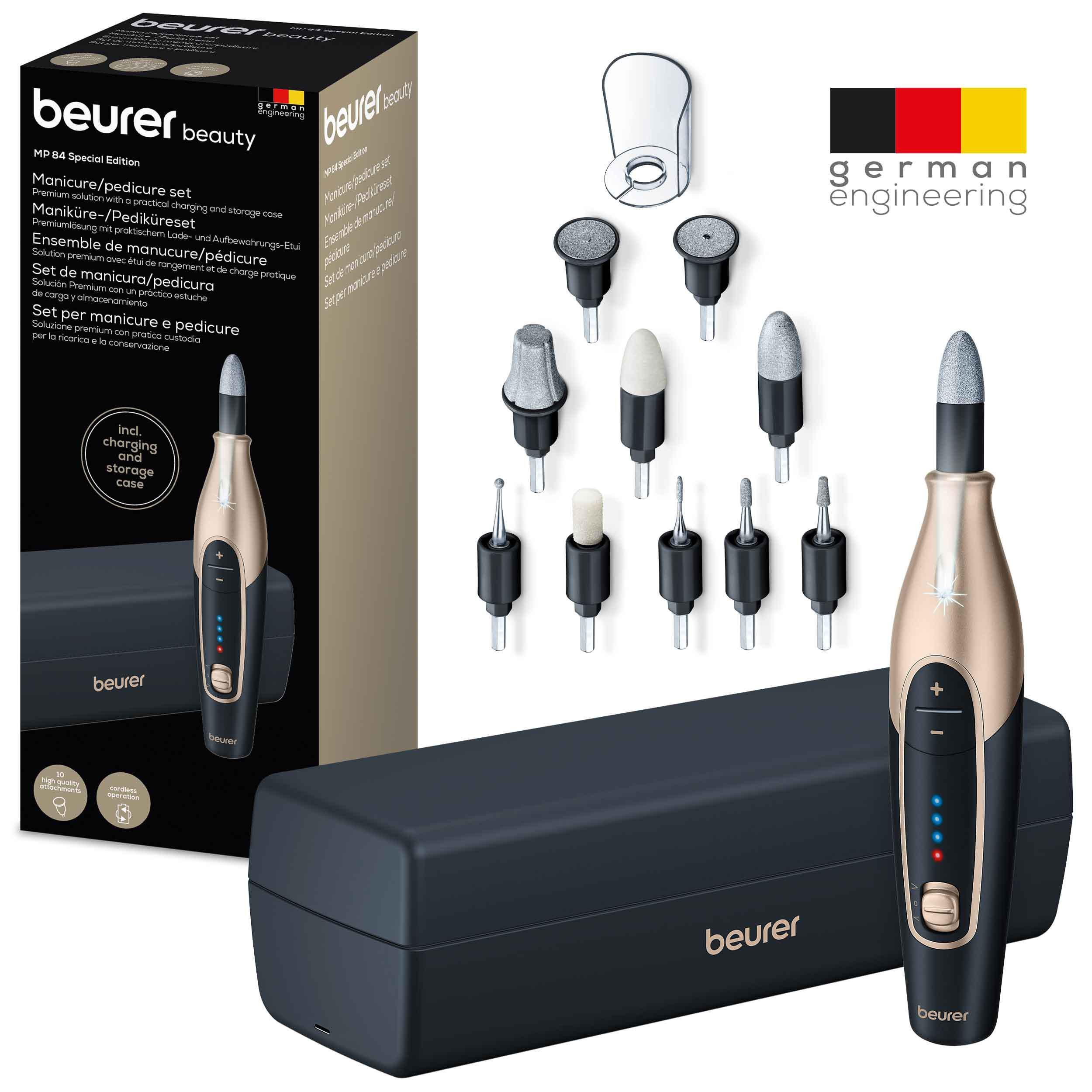 BEURER Maniküre-Pediküre-Set MP 84 elektrische Nagelfeile, kabellos mit Lade- und Aufbewahrungsetui, Mit 10 Aufsätzen aus Saphir und Filz, LED Licht und Schutzkappe