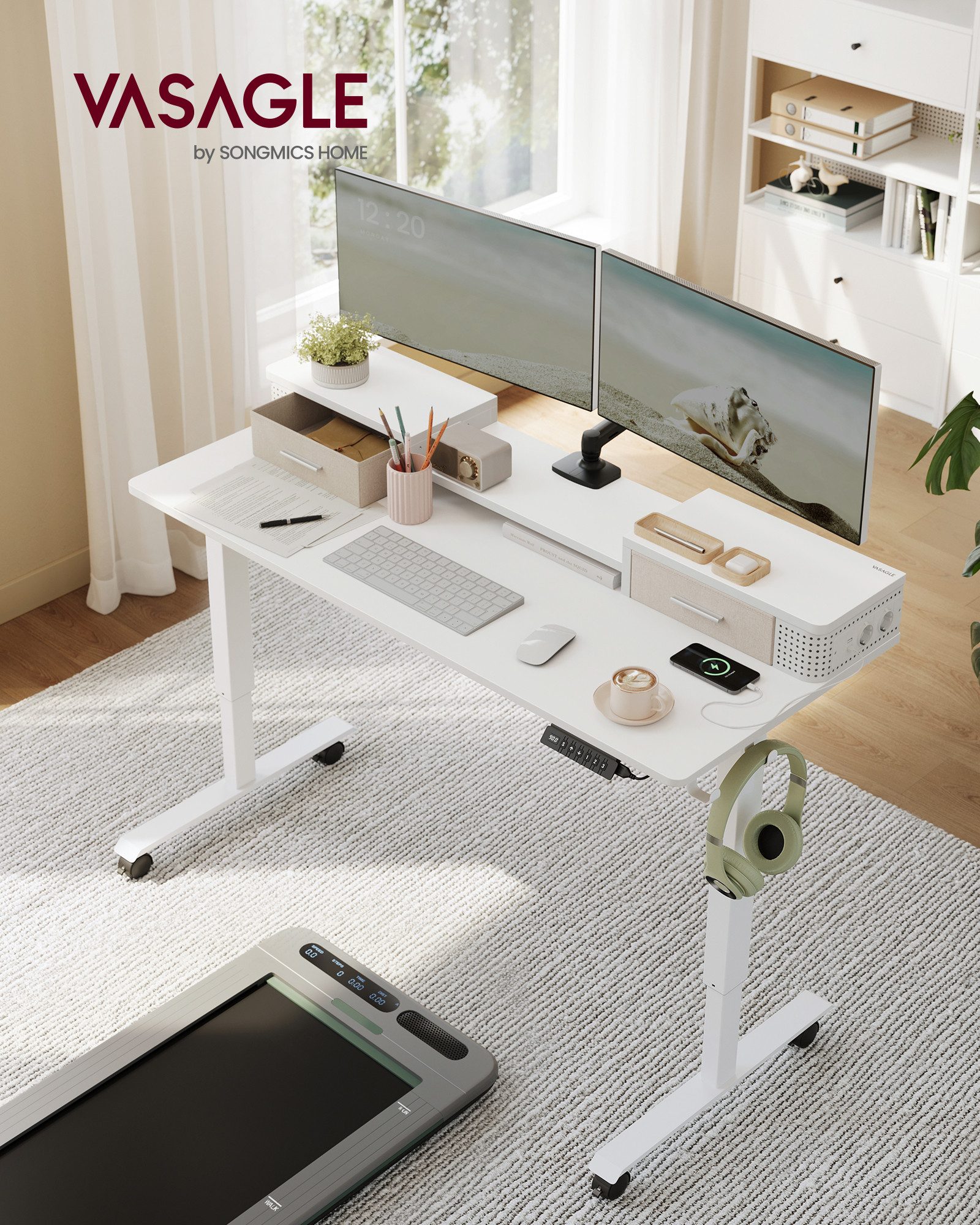 VASAGLE Schreibtisch höhenverstellbar elektrisch, mit 2 Schubladen, 2 AC-St günstig online kaufen