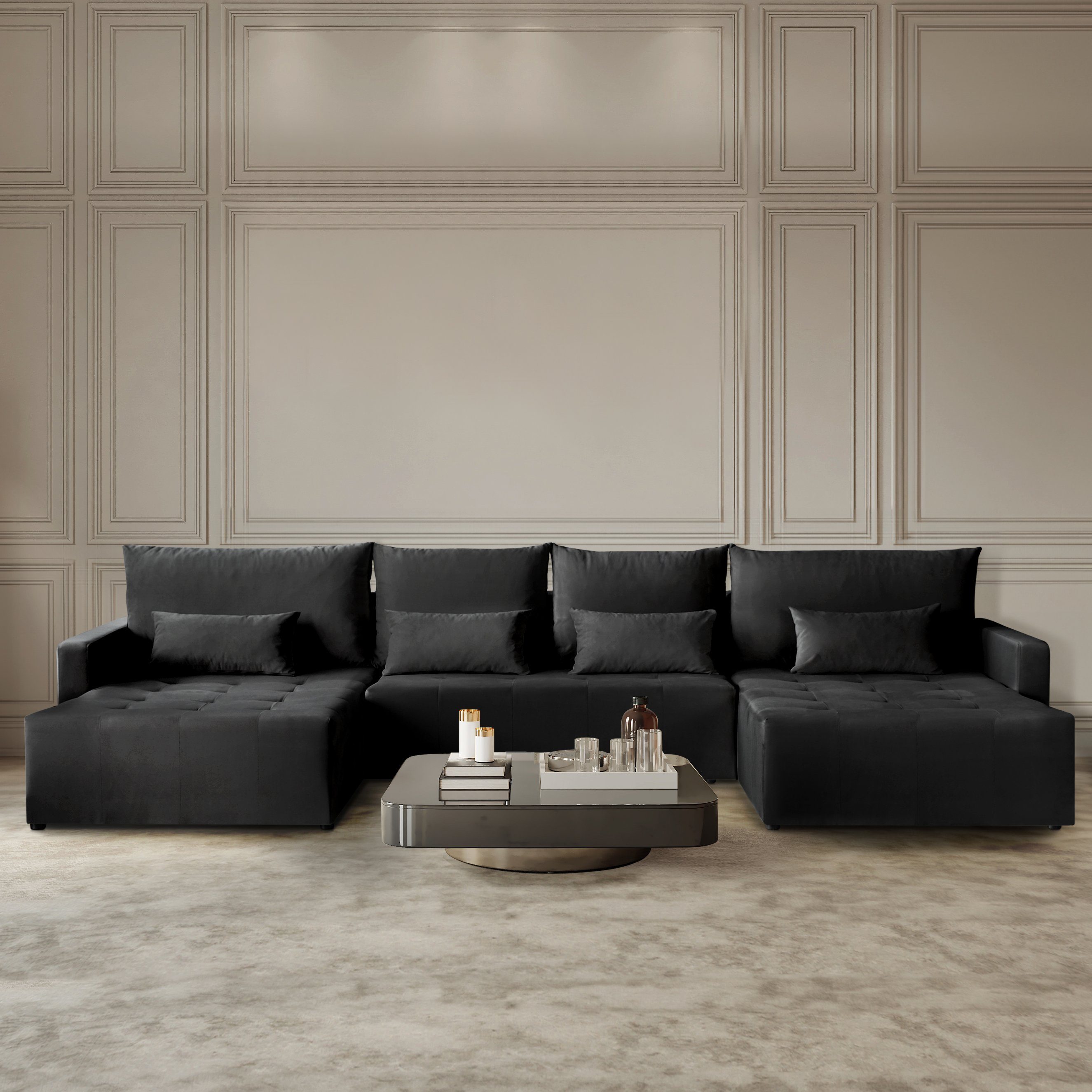 Beautysofa Ecksofa Bono U, Bettfunktion, Bettkasten, U-Form Corner Sofa mit Schlaffunktion, stilvoll Lounge Ecke Schwarz (kronos 07)