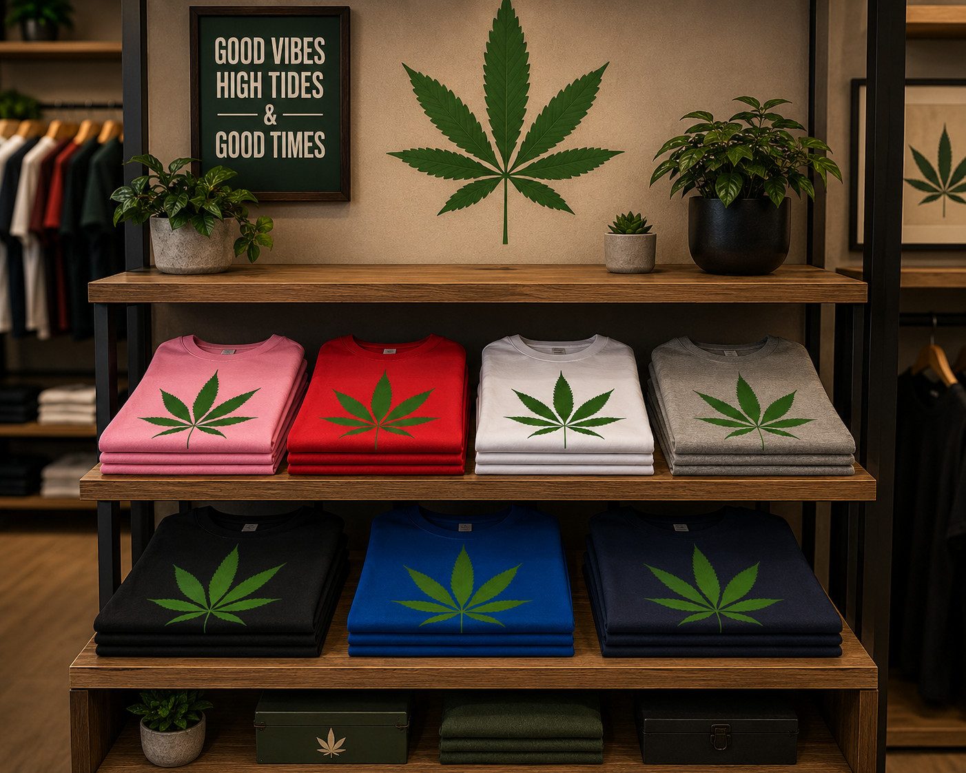 Blondie & Brownie T-Shirt Cannabis Blatt Damen T-Shirt Print Rundhals Freizeit Baumwollshirt (Einzelstück, Einzelartikel) Cannabis Blatt Damen Freizeitshirt Print