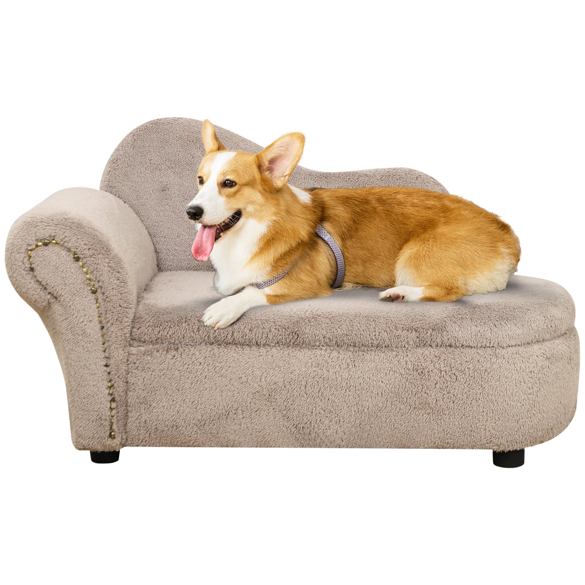 PawHut Tierbett Hundesofa, Haustiersofa Hundesessel mit Holzbeine Katzensofa, Beige, Samt, 80L x 40B x 46H cm