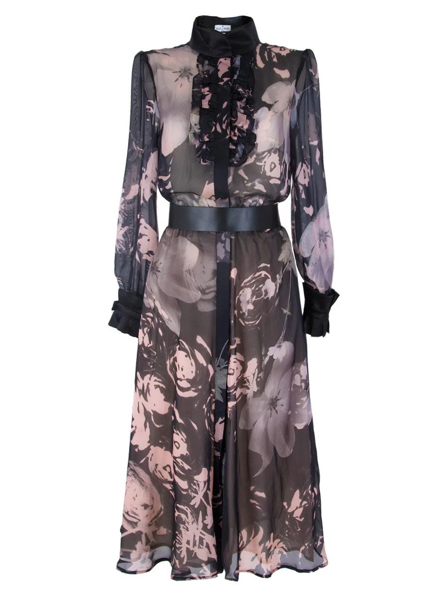 Midikleid Kleid aus Seide Blusenkleid mit Rüschen Floral Print Seidenkleid