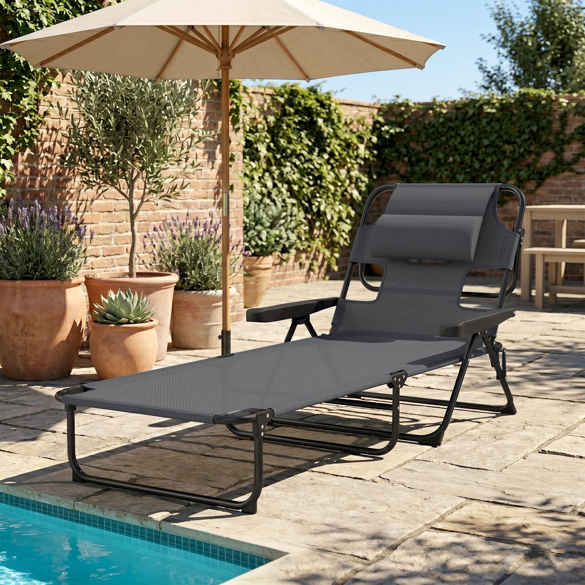 Outsunny Gartenliege klappbar mit Lesefenster, Kopfkissen, 4-Fach verstellbare Rückenlehne, Campingliege, 1 St., Relaxliege, für Garten Strand Pool, Dunkelgrau