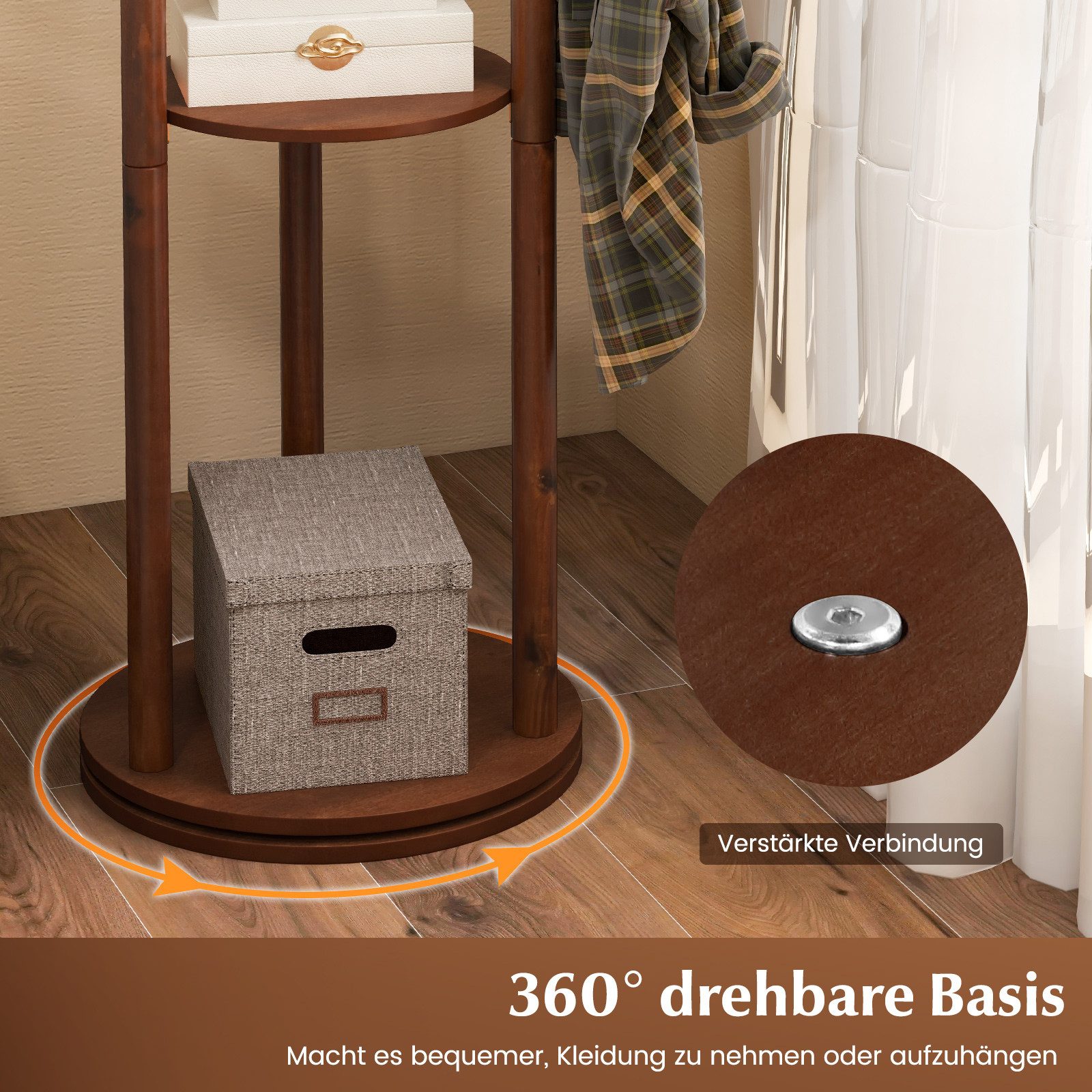 COSTWAY Kleiderständer, drehbar, Holz, mit 3 Ablagen & 9 Haken, 167cm