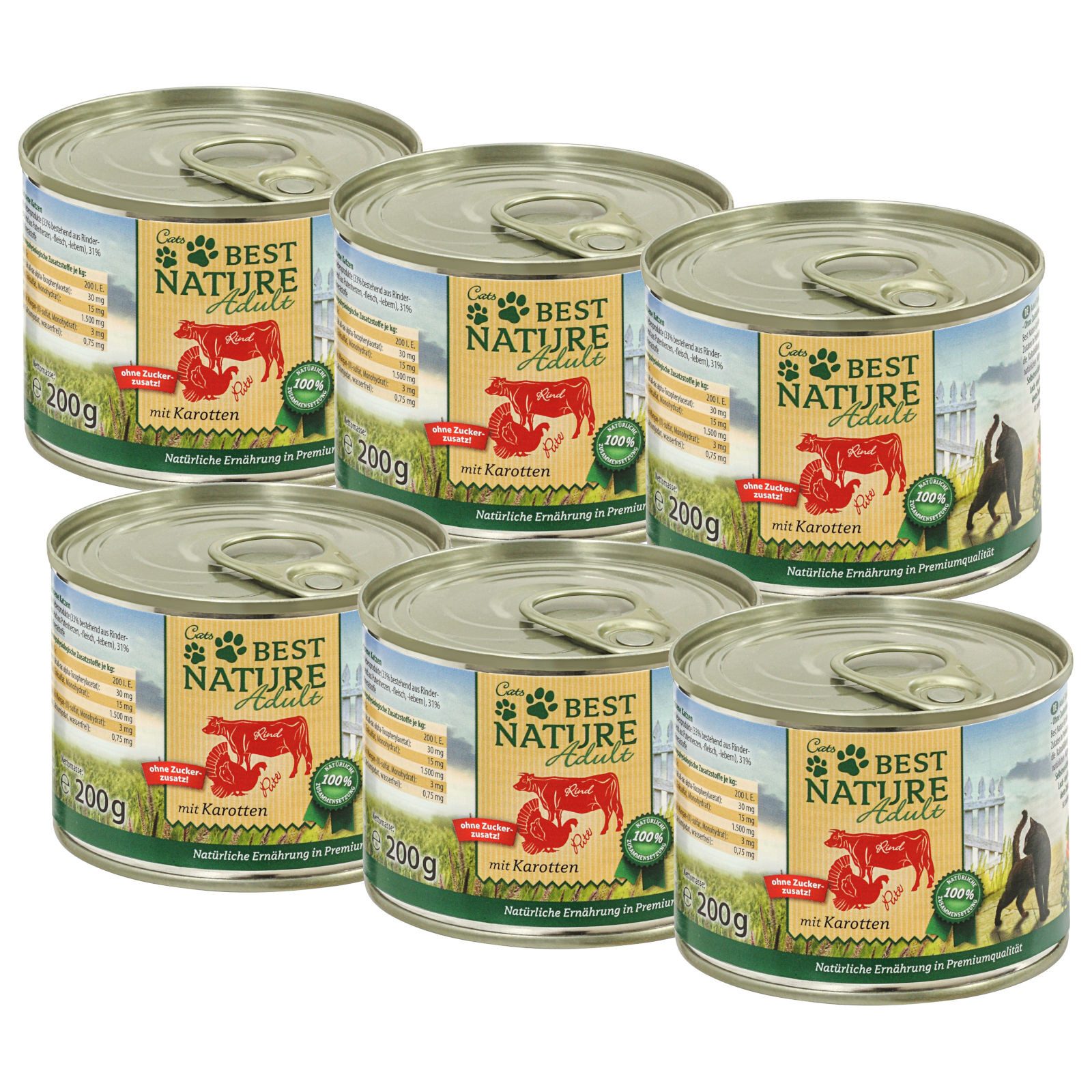 Best Nature Adult Rind + Pute, Nassfutter für Katzen, 6x 200g, Alleinfuttermittel für: Katzen