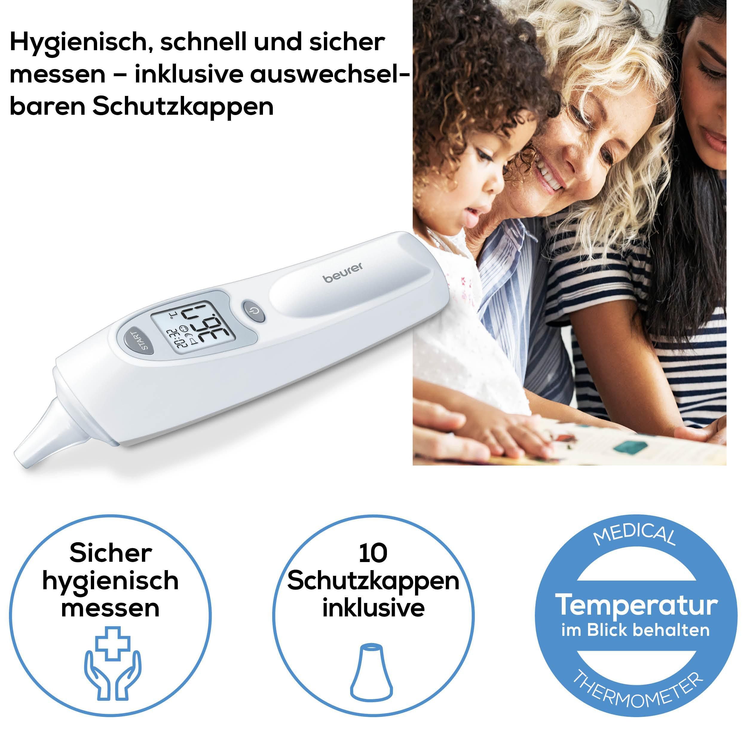 BEURER Ohr-Fieberthermometer FT 58 mit Signalton bei Messende, Infrarot-Messtechnik, Hygienische Messung dank Abwurf der Schutzkappe ohne Hautkontakt