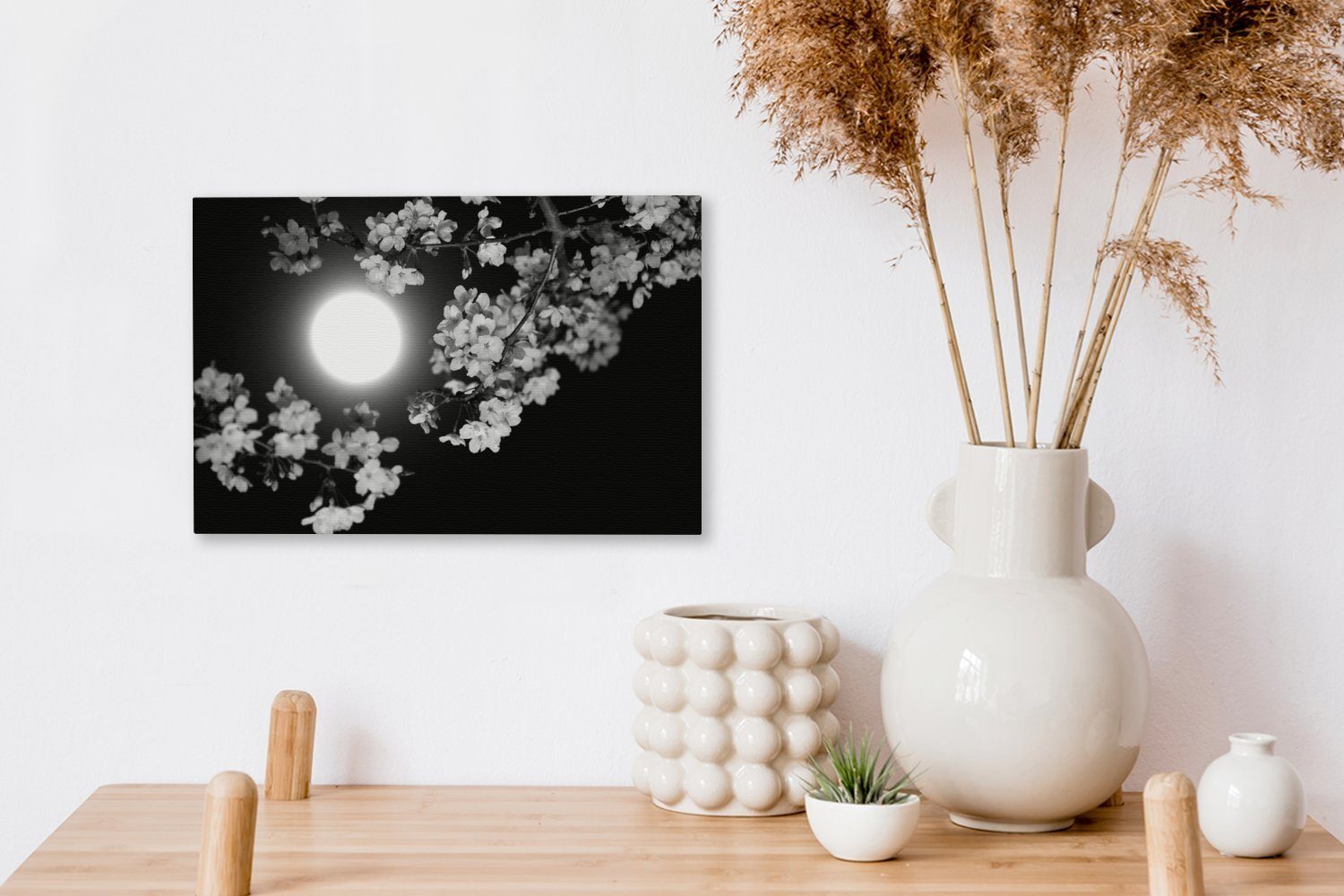 (1 - Leinwandbilder, Weiß, Wandbild Aufhängefertig, - St), Leinwandbild Sakura Wanddeko, Schwarz cm Mond 30x20 OneMillionCanvasses® -