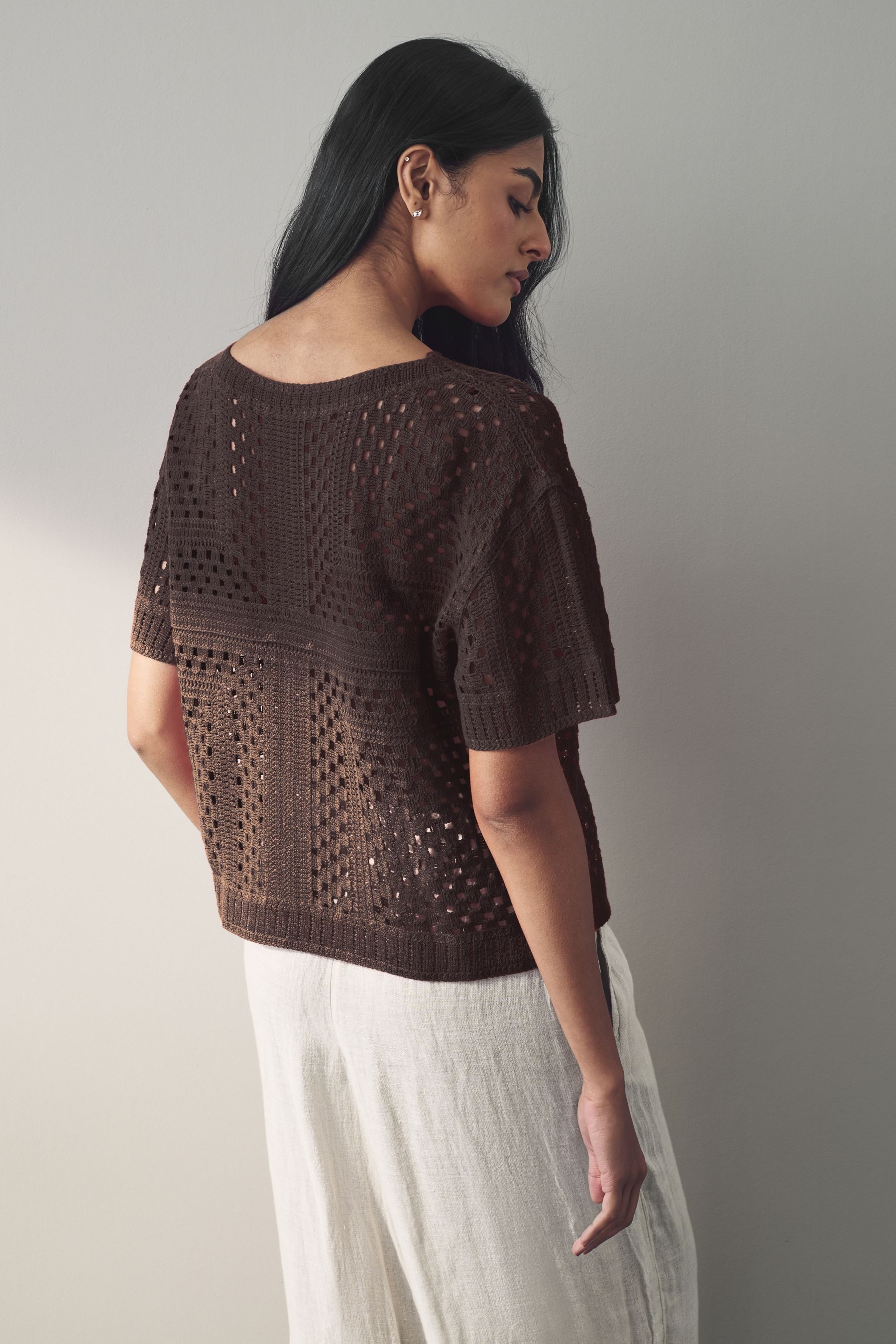 Next Kurzarmpullover T-Shirt mit gehäkeltem Ausschnitt (1-tlg) günstig online kaufen