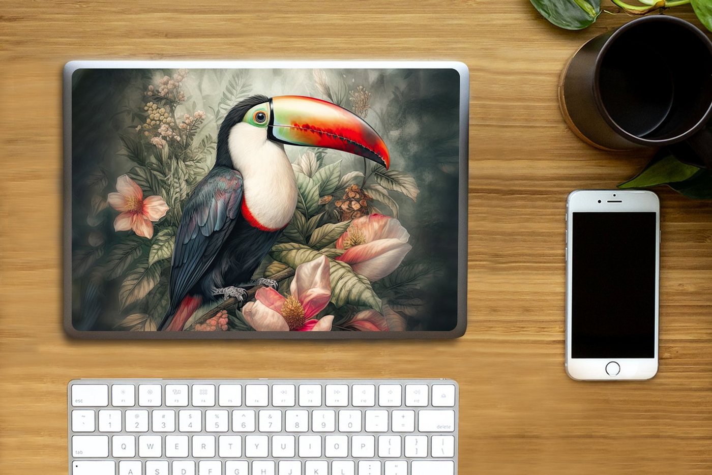 Thumbnail - MuchoWow Laptop-Aufkleber Tukan - Vögel - Blumen - Pflanzen - Tropisch, (1tlg), Laptop Folien Cover, Aufkleber, Sticker,...