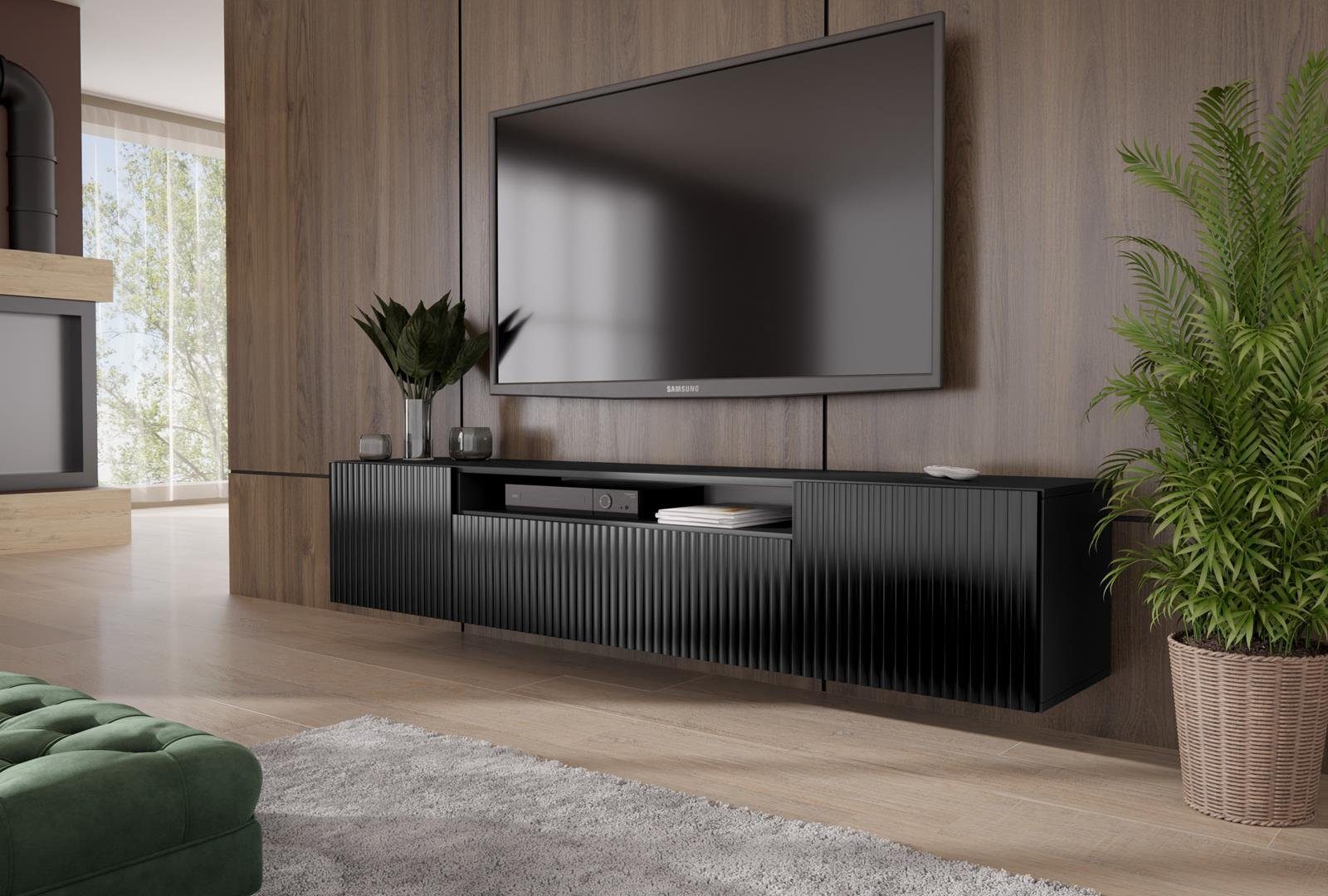 Beautysofa TV-Schrank Malo (modernes / loft Stil Schrank, Wandmontage Lowboard, Schwarz / Weiß) dreitürig RTV mit Scharniertüren