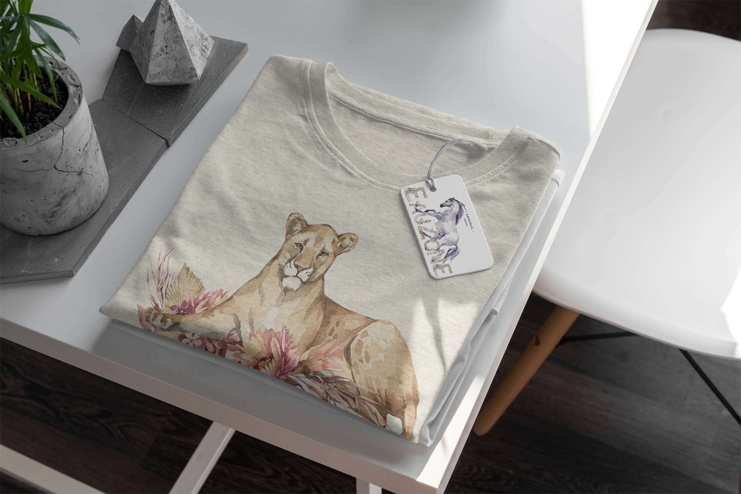 Öko Savanne T-Shirt Bio-Baumwolle Motiv Sinus (1-tlg) T-Shirt Nachhaltig Shirt Blumen gekämmte Löwin Aquarell 100% Art Herren