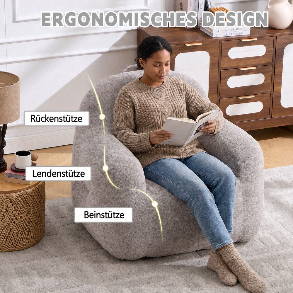 Leawin Relaxliege Sofas Wohnzimmer Loungesessel aus Chenille-Kunstfell weich, Bean Bag Sessel mit Schaumstoffflocken und ohne Montage