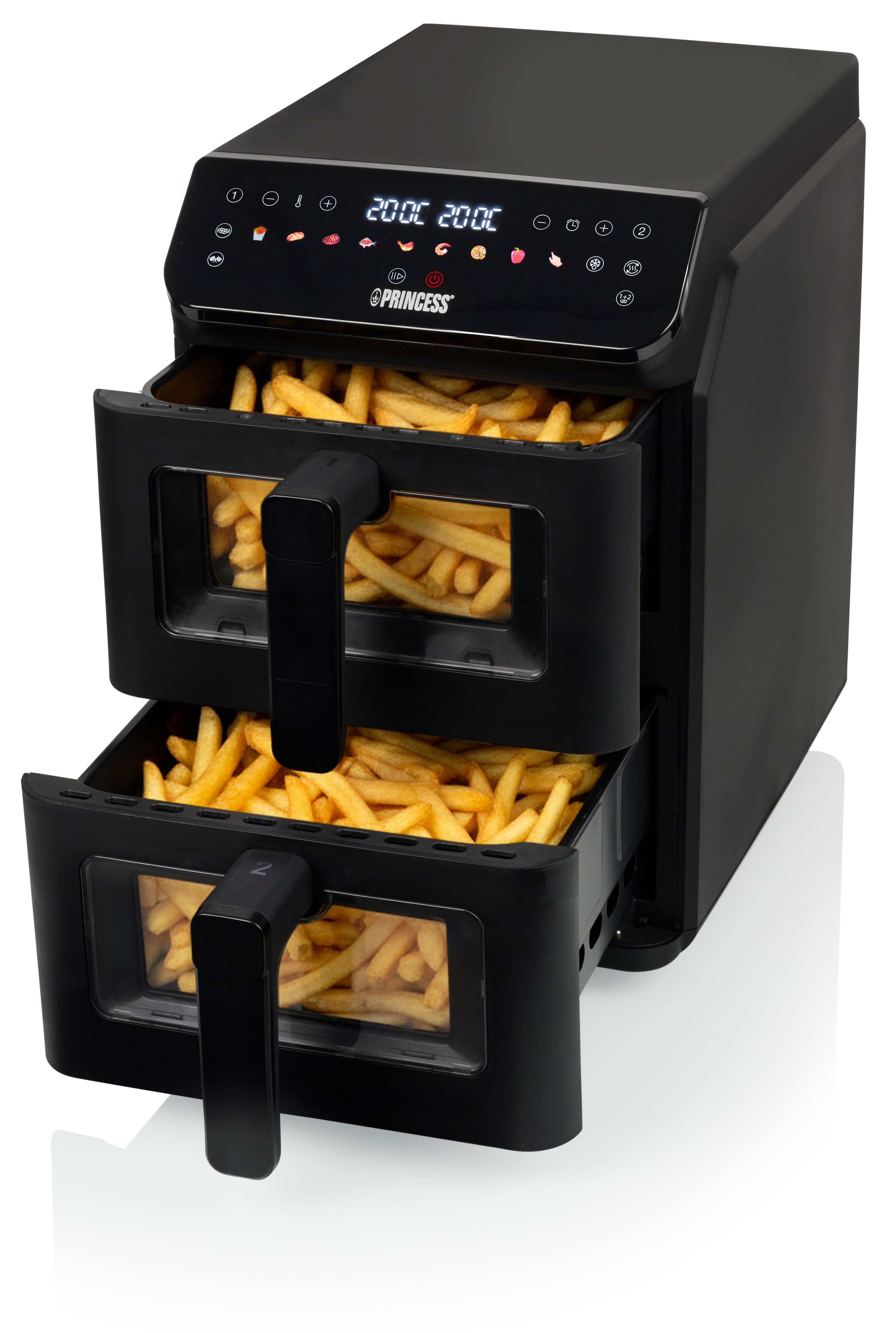 PRINCESS Heißluftfritteuse Stack Airfryer, 3000 W, Stack Airfryer – 2 x 5,6 L – Kompaktes, vertikales Design spart Platz.