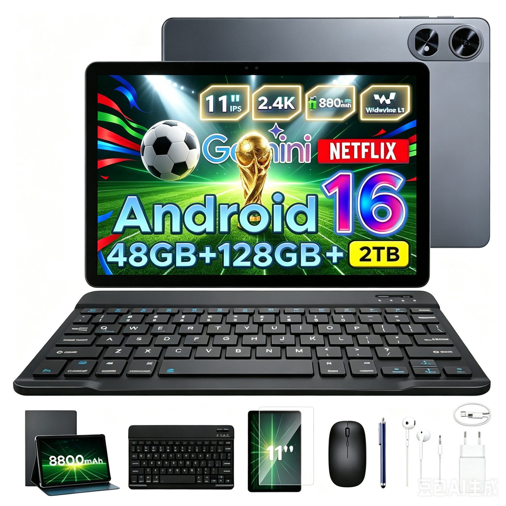 Aorlym P11 Pro Android 16 Tablet mit Tastatur,90Hz,128GB ROM,8800mAh,11 Zoll Tablet (11", 128 GB, Android 16, WiFi, 48GB RAM (8 + 40 GB erweitert), GPS, Face ID, 5G WiFi, Gemini AI)