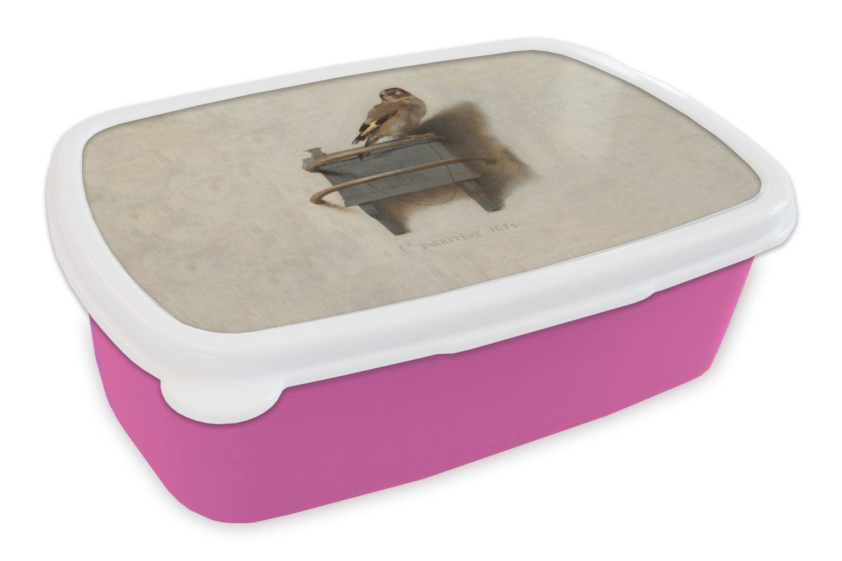 MuchoWow Lunchbox Der kleine Stieglitz - Gemälde - Fabricius - Alter Meister, Kunststoff, (2-tlg), Brotbox für Erwachsene, Brotdose Kinder, Snackbox, Mädchen, Kunststoff rosa