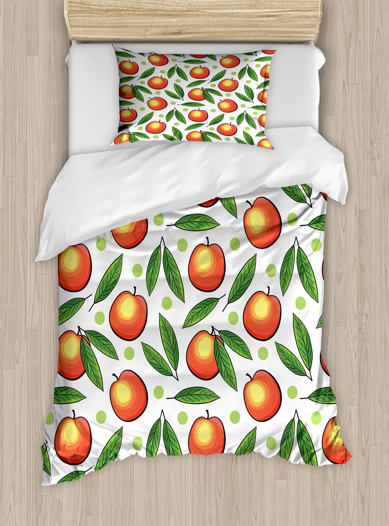 Bettwäsche Top Qualität Weich und Warm 3 Teiligen Bettbezug mit 1 Kissenbezüge, Abakuhaus, Microfaser, Früchte Pfirsiche mit Blättern und Punkte