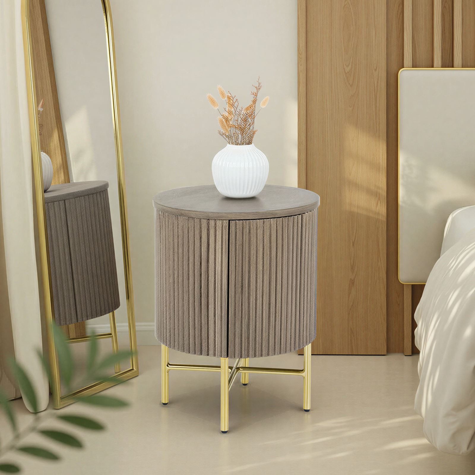 IDIMEX Nachttisch FLUTED, Beistelltisch rund 40 cm mit Lamellen-Optik aus Mangoholz Grau