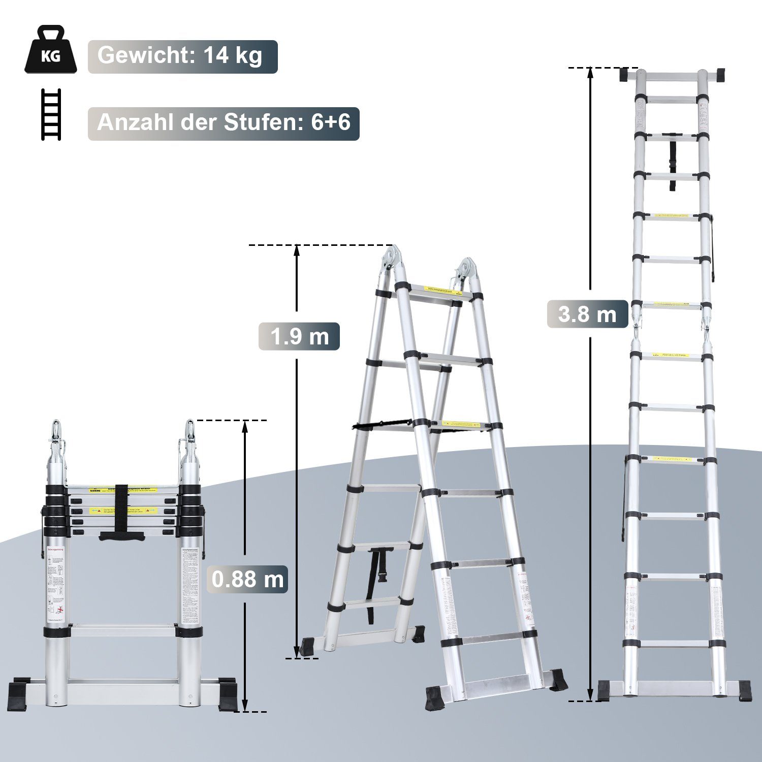 Alu Stabilisator Lospitch Teleskopleiter Rädern 1.9+1.9m Teleskopleiter mit Anlegeleiter