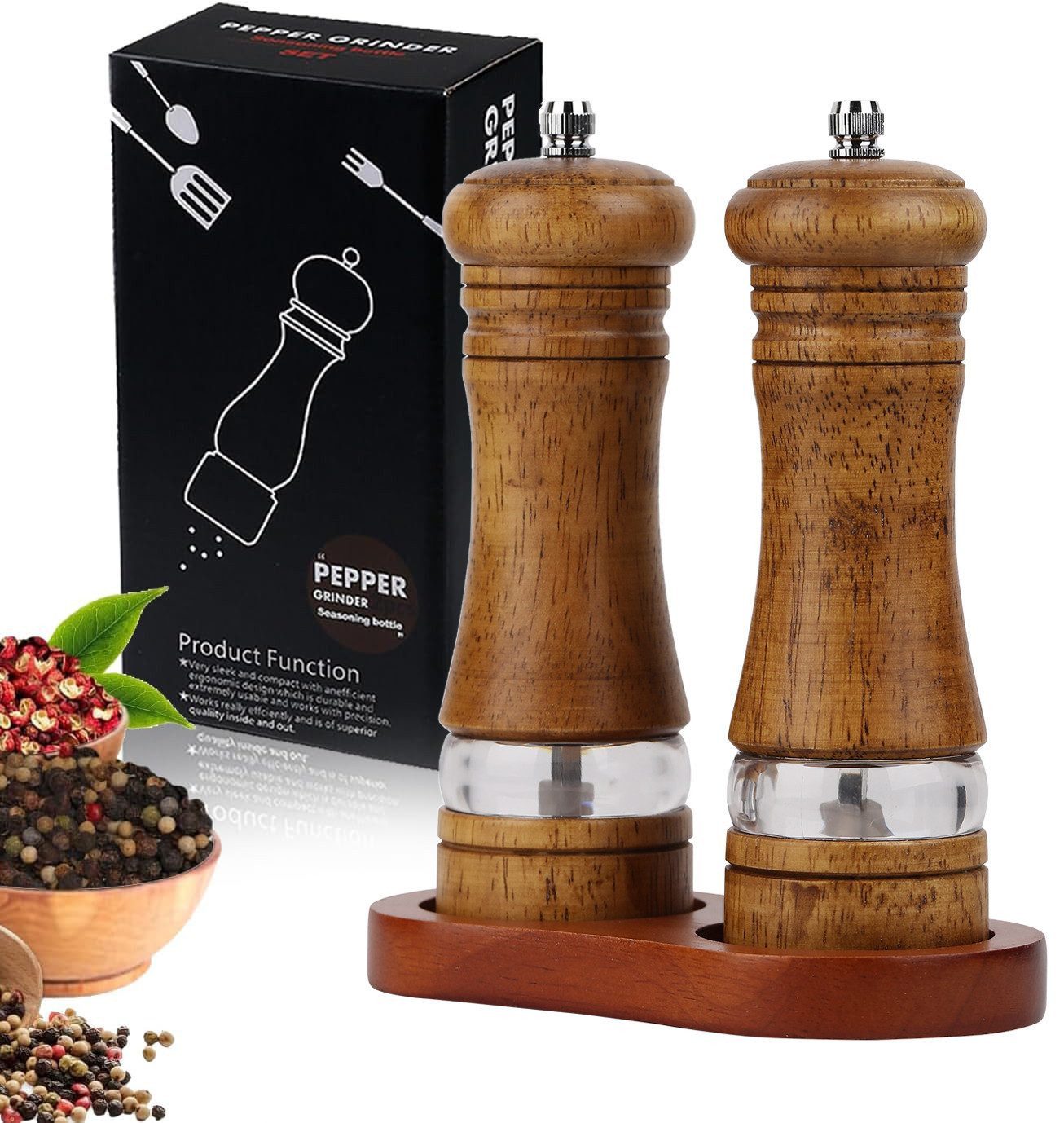 BlingBin Salz-/Pfeffermühle Manuell Gewürzmühle mit Acrylfenster, verstellbarem Keramikmahlwerk manuell, (2 Stück), 6-Zoll Pfeffer und Salzmühle Holz Mit Untersetzer
