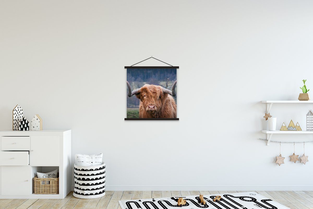MuchoWow Poster Schottischer Highlander - Kuhkopf - Landschaft - Natur - Kuh, (1 St), Magnetische Posterleiste, Eichenholz, Holzleisten, Textilposter schwarz | schwarz