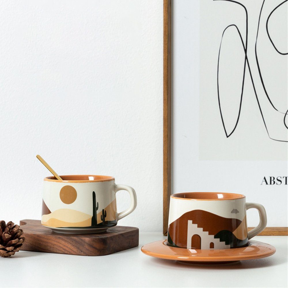 Dekorative mit Style Keramik Löffel, Kaffeebecher, Untertasse Teetasse Vintage Teetasse Tasse Ceramic Set Kaffeeservice und (1-tlg), Untertassen und Set,