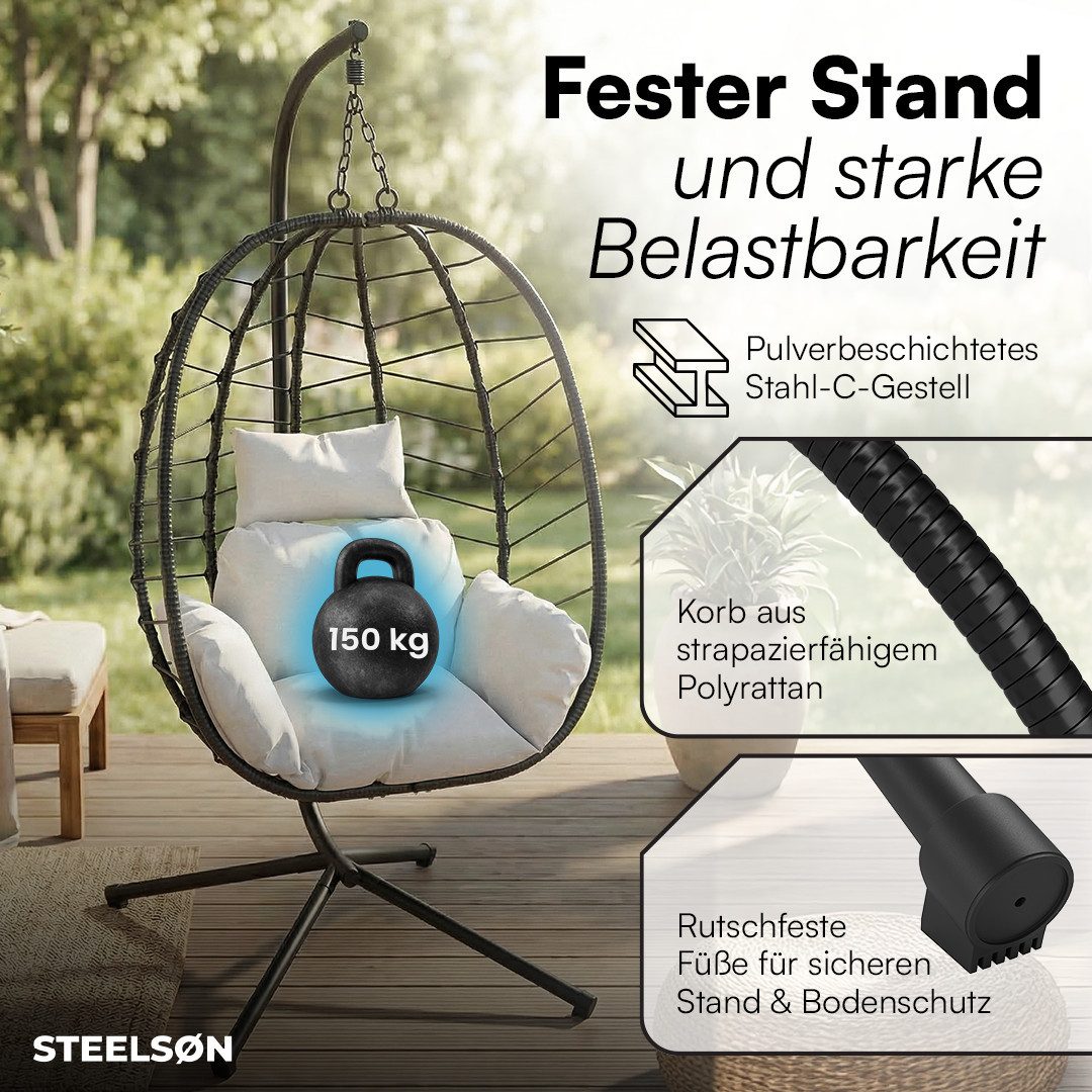 STEELSØN Hängesessel Alarian höhenverstellbar und faltbar (hellgrau/schwarz, mit Gestell und Sitzkissen, bis 150 kg belastbar), mit großem Korbsitz für indoor & outdoor, aus Polyrattan