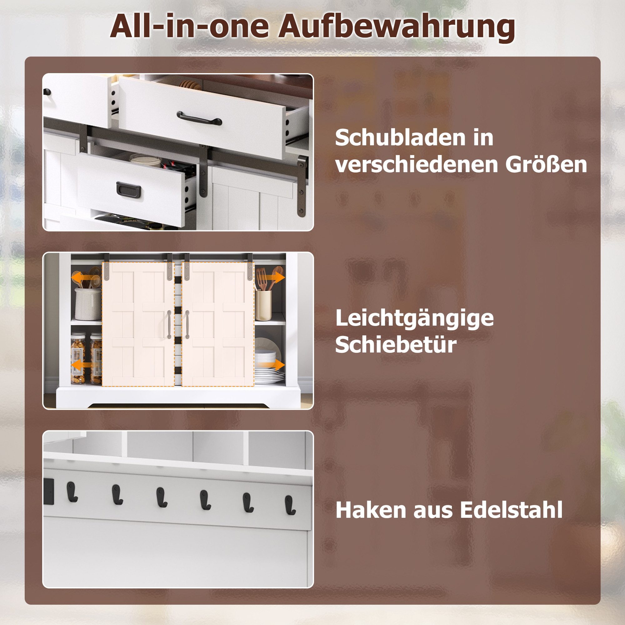 BlingBin Sideboard Küchenbuffet mit Steckdose und LED-Beleuchtung,181 × 108 × 40 cm,Weiß (3 Packung, 1 St., mit 6 Schubladen, verstellbare Einlegeböden, Haken), Küchenmöbel mit Arbeitsplatte,für Esszimmer, Wohnzimmer und Küche