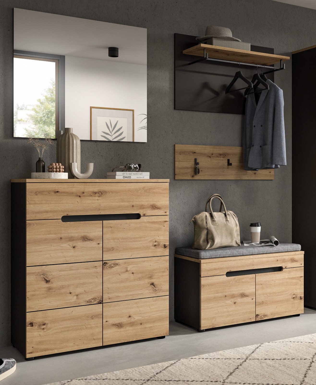 Inn.Furn Garderoben-Set Cooper, (in Artisan Eiche mit Basalt grau, 5-teilige Garderobe), Soft-Close-Funktion – Bild 5 von 5