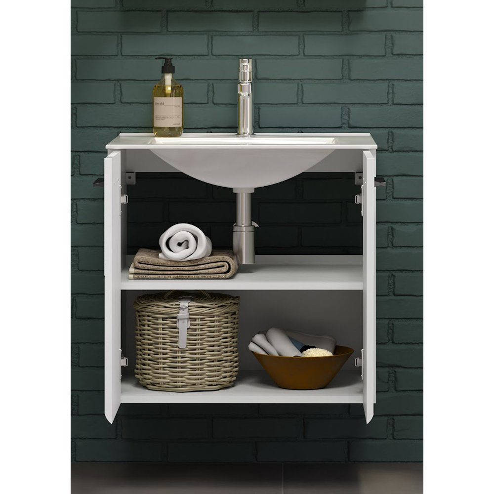 trendteam Waschmaschinenunterschrank Riva Waschbeckenunterschrank Badmöbel Badezimmerschrank weiß 62x59x31cm