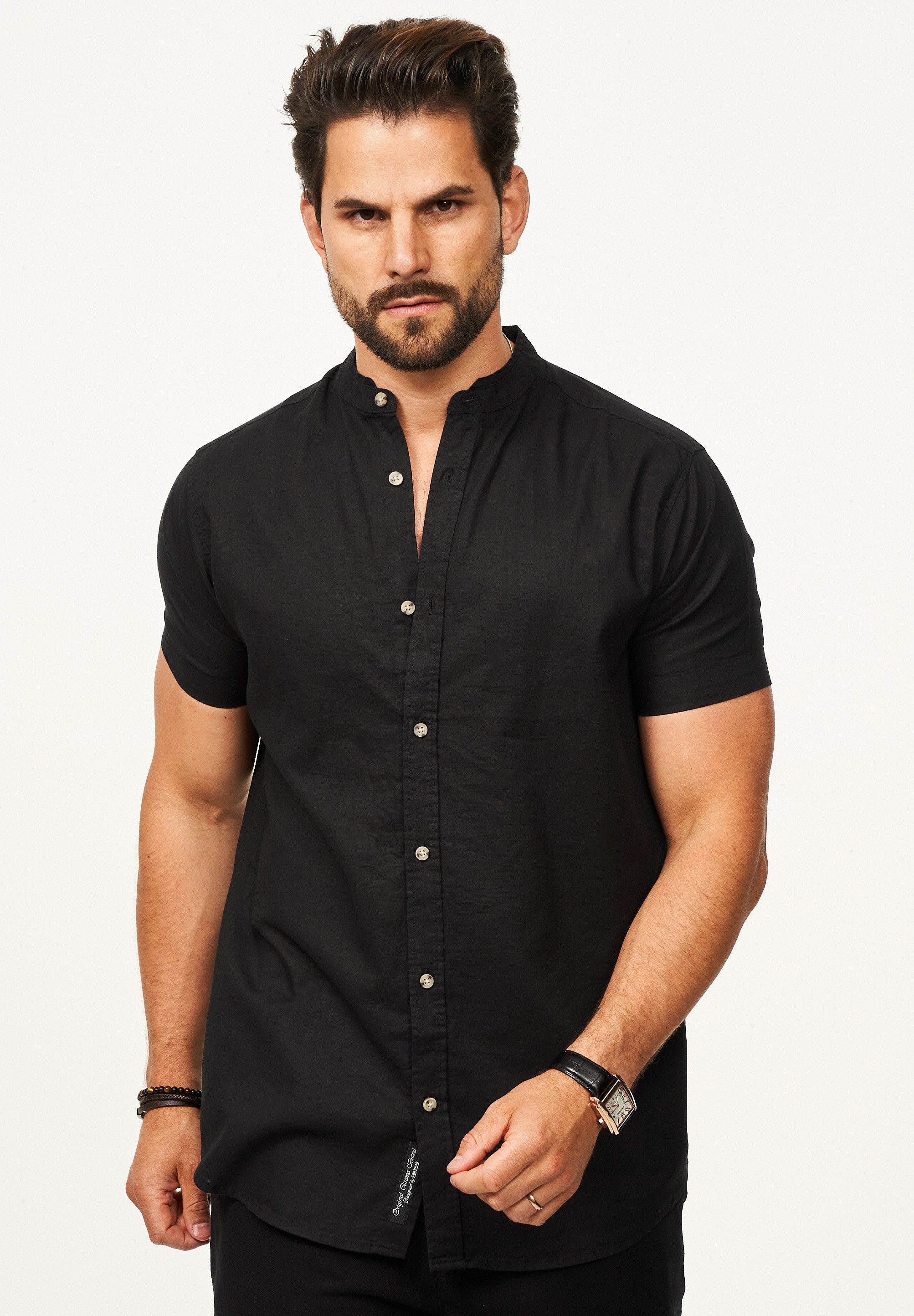 behype Kurzarmhemd als Sommerhemd aus Leinen im Regular-Fit Herren Leinenhemd Freizeithemd mit Stehkragen