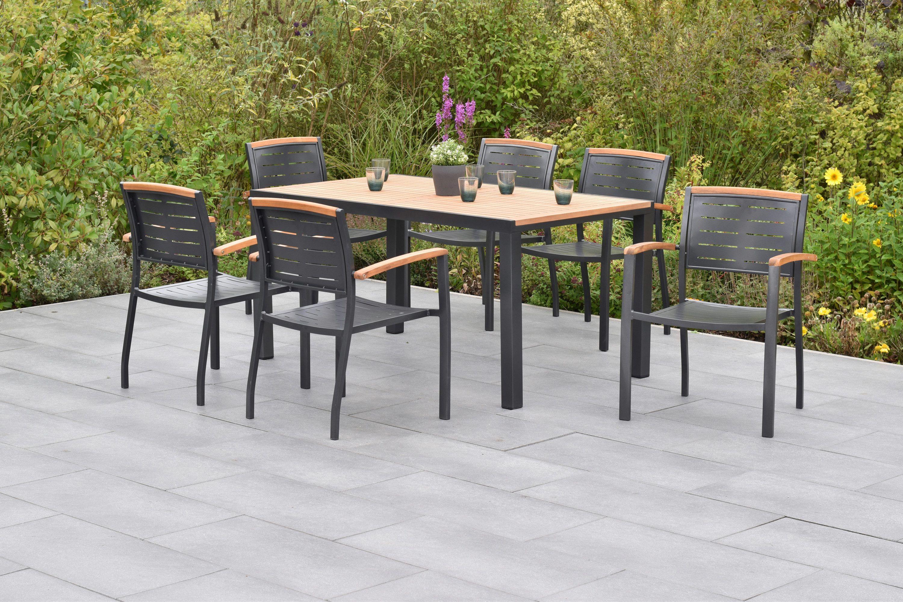 MERXX Garten-Essgruppe »Tinos«, (Set, 7-tlg., Geöltes Akazienholz, pulverbeschichtetes Aluminiumgestell), Tisch: LxB: 150x90 cm